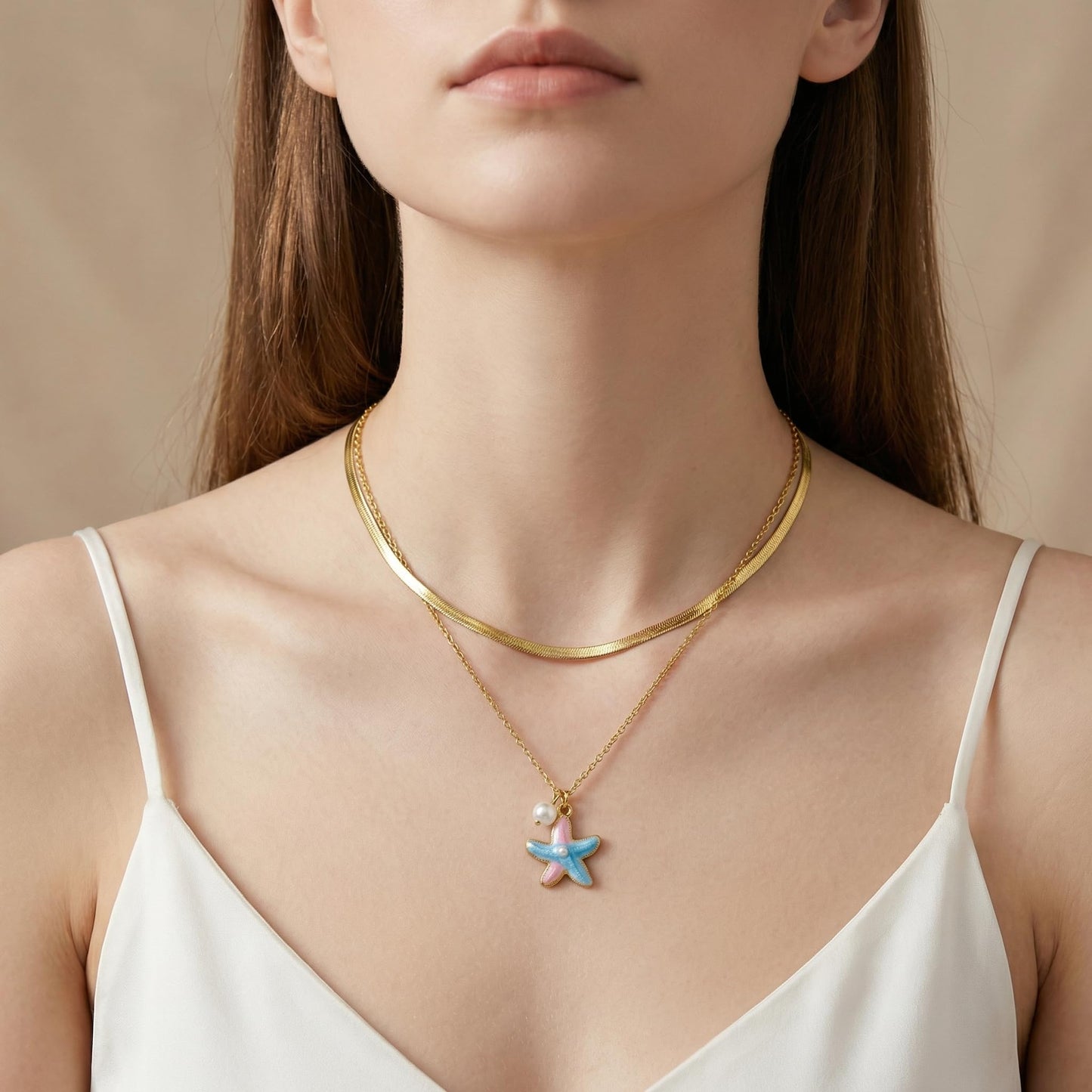 Harlermoon Gold Starfish Necklace for Women - 18K Gold Plated Stainless Steel Ocean Beach Jewelry, Sea Turtle Shell Pearl Pendant, Waterproof Non Tarnish Snake Chain Choker, Summer Vacation Mermaid Gifts (Small Starfish Snake Chain)