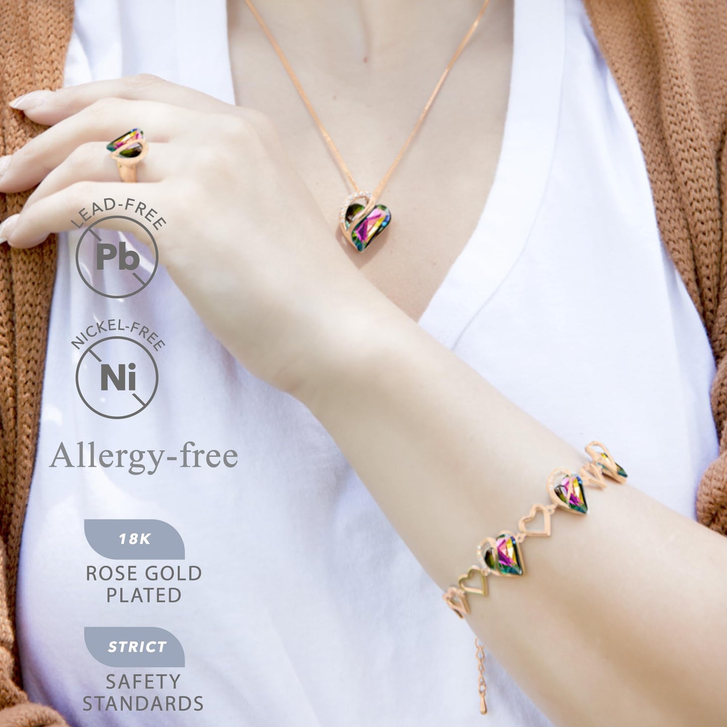 Leafael Gifts for Women Rose Gold Plated Necklaces: Heart Shaped Rainbow Black Healing Crystal, Cubic Zirconia, Hypoallergenic Chain (18"+2"), Jewelry for Anniversaries and Birthdays