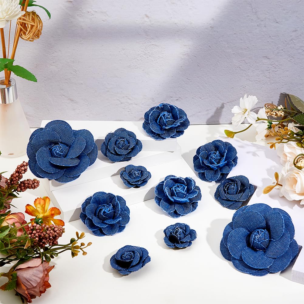 SUPERFINDINGS 16Pcs 4 Styles Marine Blue Denim Cloth Flowers Fabric Camelia Canvas Fabric Flower Flower Shaped Sewn Accessories for Clothes Decoration Jacket Skirt Coat Trim Brooch Crafts DIY