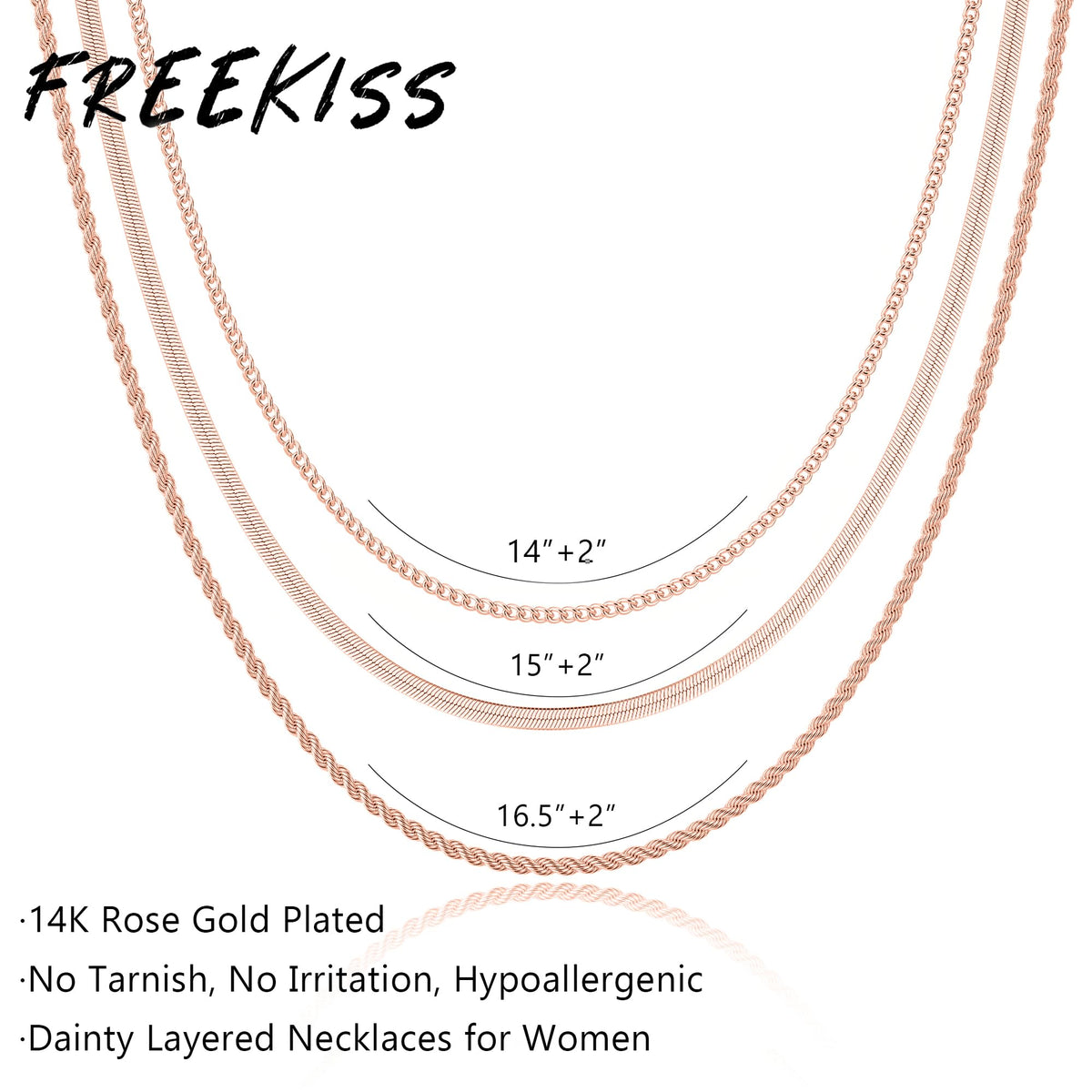 Freekiss Rose Gold Layered Necklaces for Women: Dainty Herringbone Rope Cuban Link Chain Necklace Set, 14K Rose Gold Plated, Non-Tarnish, Simple, Perfect for Layering, Gifts, and Daily Wear
