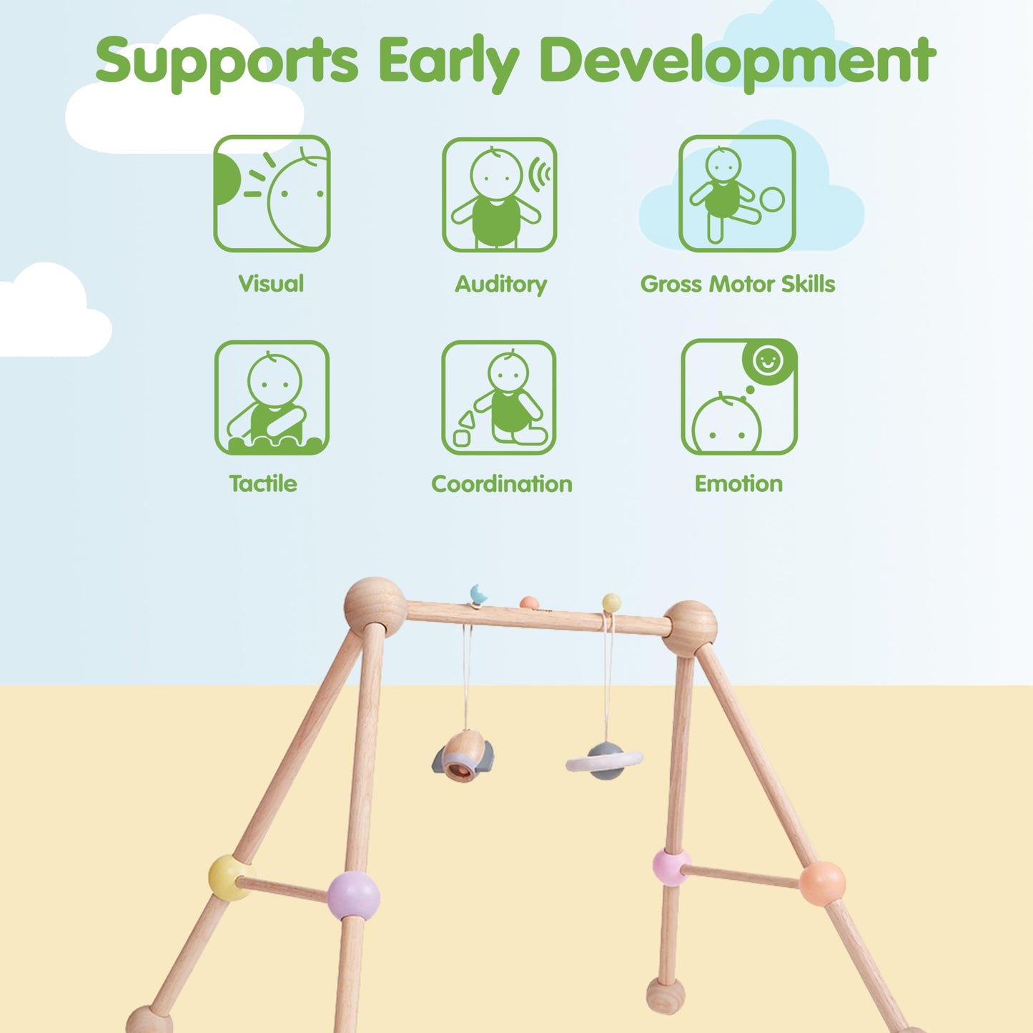 PlanToys® Play Gym Wooden Baby Activity Toy in Pastel Colours | Montessori Sensory Play for Motor Skills, Coordination & Focus | Eco-Friendly Developmental Gym