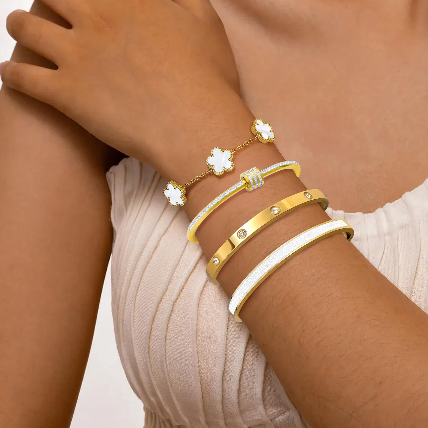 MOINSPIRE 18K Gold Plated Bracelets for Women, Stainless Steel Four Leaf Clover Tennis Nail Love Bangle Bracelets Set, Trendy Stackable Twist Cuff Bracelet Non Tarnish Jewelry Gifts for Christmas