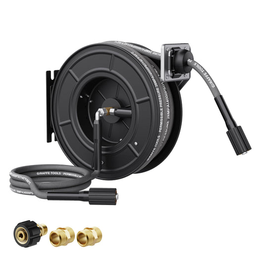 Giraffe Tools Pressure Washer Hose Reel, 1/4" × 60ft Auto Rewind Hose Reel, Wall/Floor Mounted with Adjustable Guide Arm, 4000 PSI