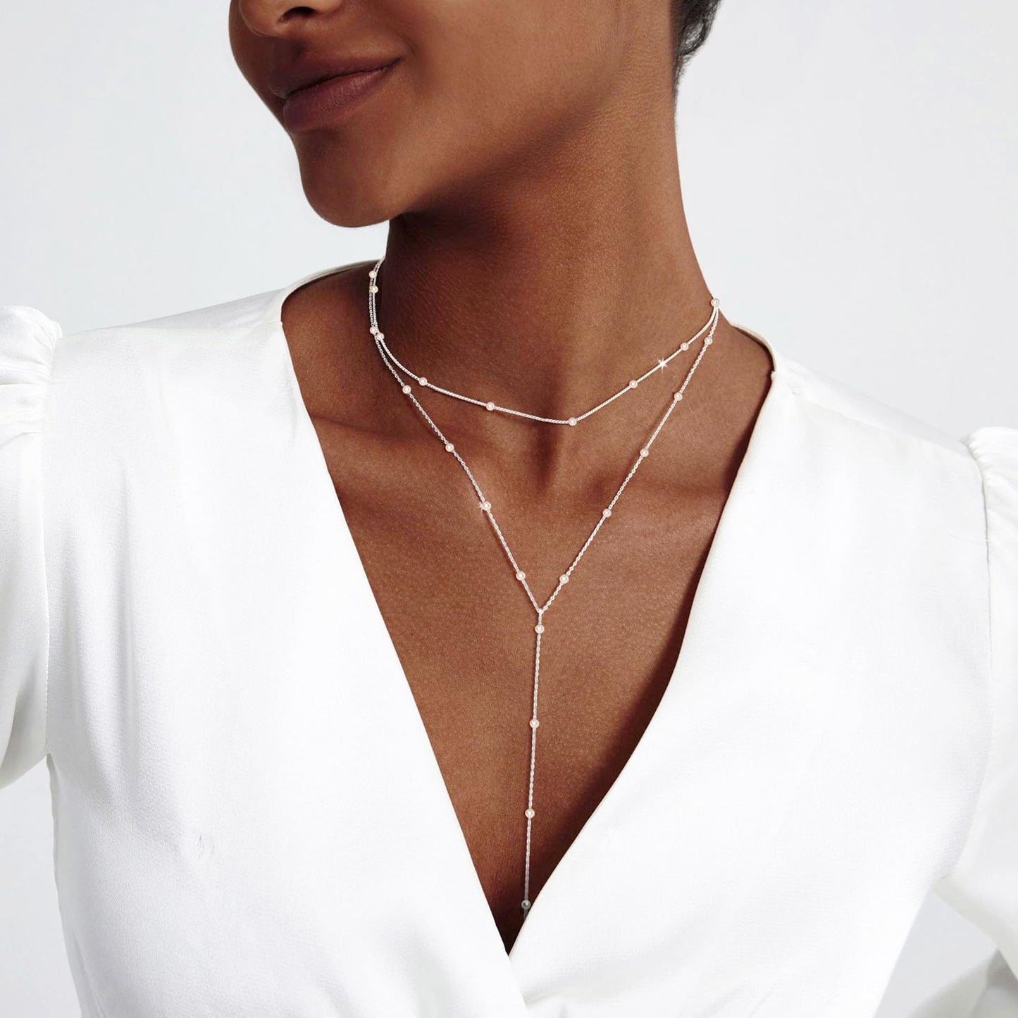 Zeffy Lariat Long Silver Necklace for Women Silver Jewelry Set Dainty Layered Pearl Y Necklaces Pearl Drop Earrings Bracelets Trendy Wedding Bride Jewelry Gift