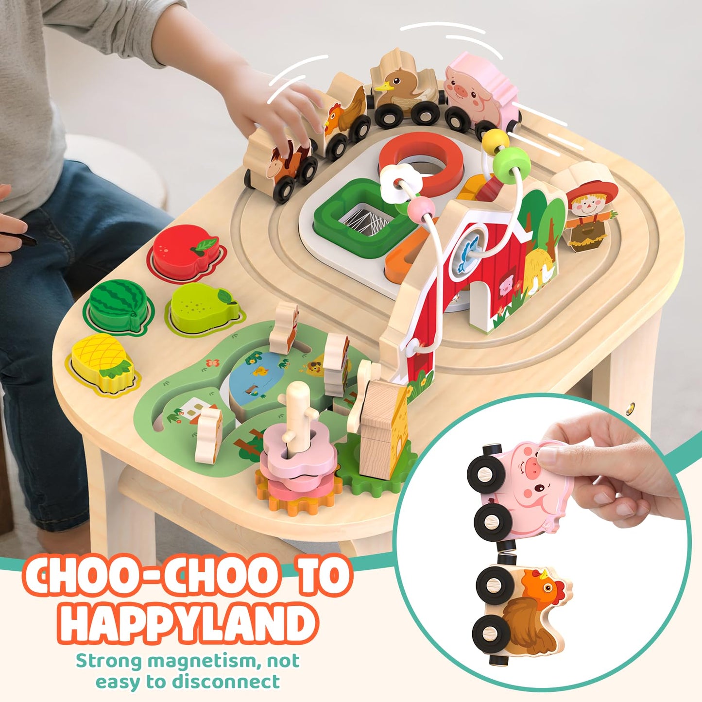 Weilim Montessori Activity Table for 1 Year Old — Wooden Sensory Table Baby Activity Center with Bead Maze, Shape Sorter, Train Track, Farm Toddler Toy, Educational Standing Play Toys, Kids 12+ Months
