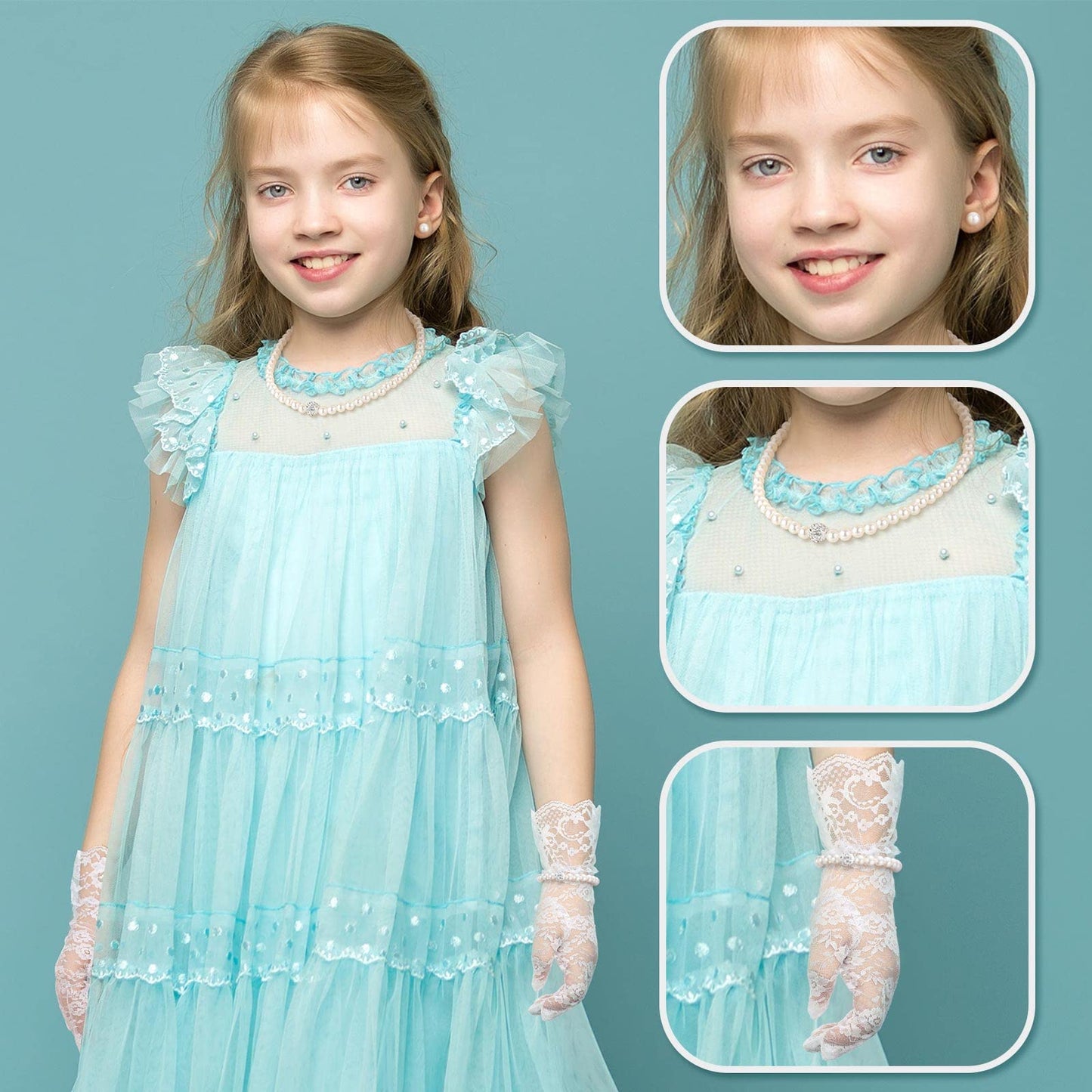 Geyoga 4 Pcs Pearl Necklace Set for Little Girls Toddler Girls Jewelry Communion Gloves for Kids Christmas Tea Party Wedding(Exquisite Style,4-8 Years)
