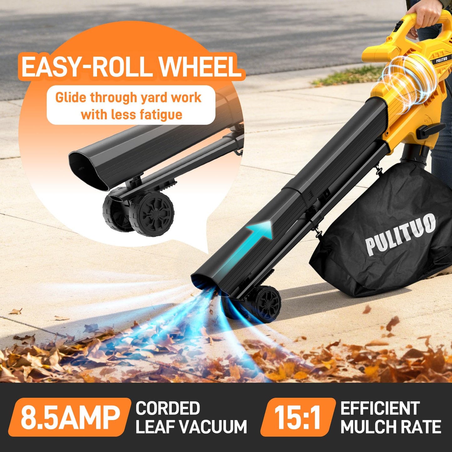 PULITUO 3 in 1 Electric Leaf Blower Vacuum Mulcher with Bag, 530CFM & 170MPH Leaf Vacuum Corded Blowers for Lawn Care, 15:1 Powerful Leaf Mulcher with Shoulder Strap (Yellow)