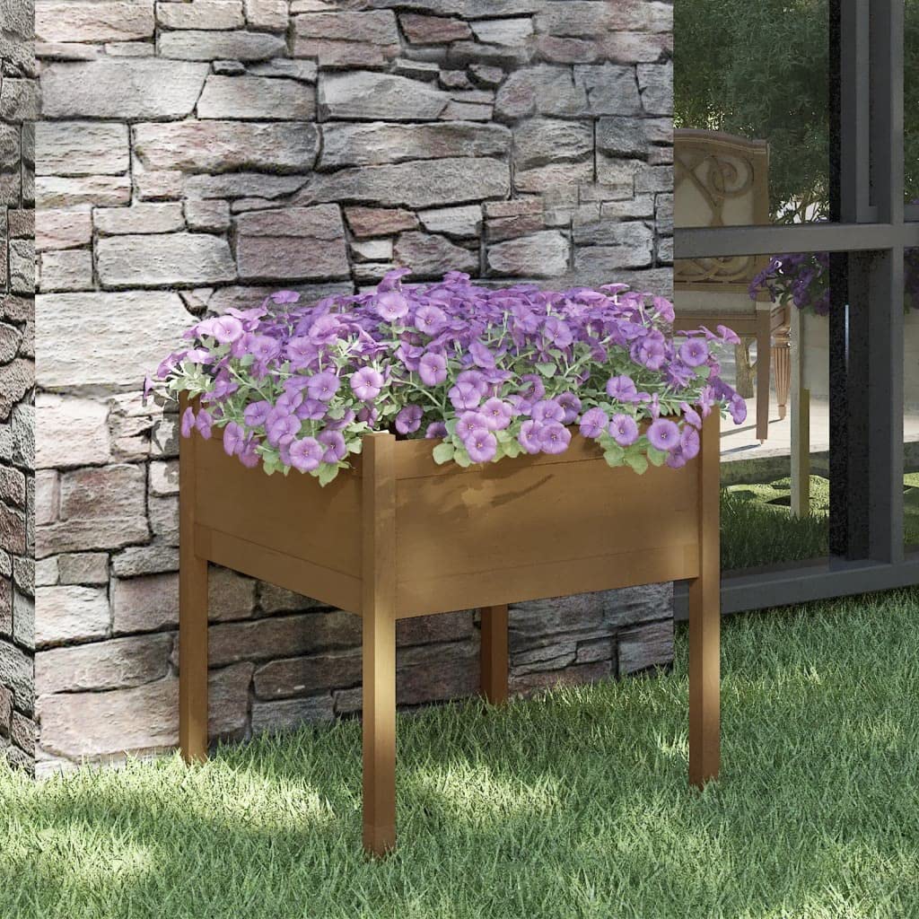 Yisssmeng 27.6" Honey Brown Square Solid Pine Outdoor Planter Box, Rustic Garden Bed for Herbs Tomatoes & Flowers, Weather-Resistant Patio Container, Easy Assembly for Yard or Balcony