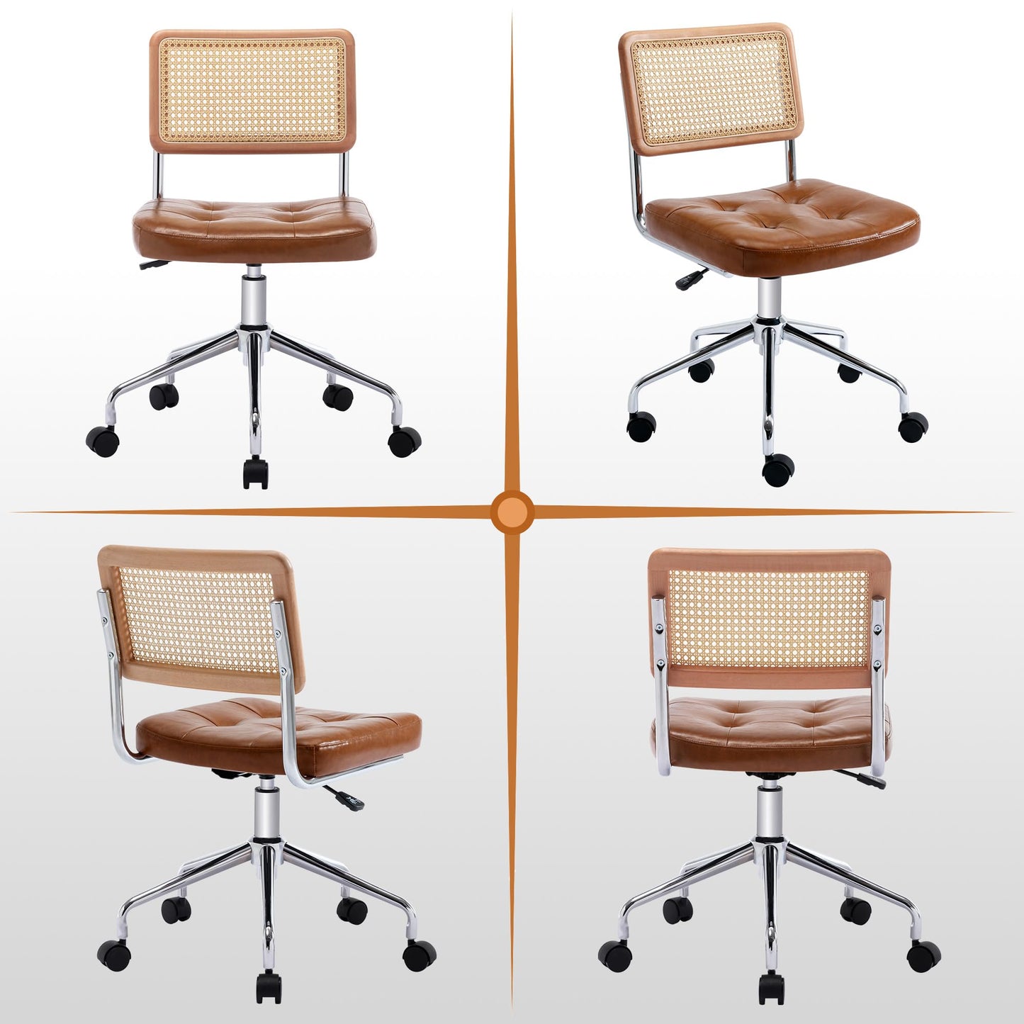 Zesthouse Mid Century Home Office Chair Leather Desk Chair with Rattan Back, Vanity Chair for Girls Women, Upholstered Swivel Chair, Adjustable Height Computer Task Chair