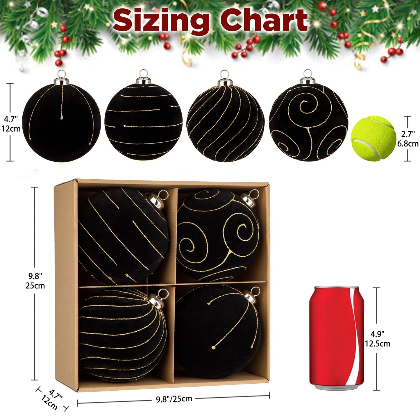 Velvet Christmas Ornaments Large Christmas Balls Ornament 4.7" Black Velvet Ornaments for Christmas Tree Balls Xmas Wedding Holiday Halloween Party Big Flocked Decorative Hanging Ornament 4 Pcs
