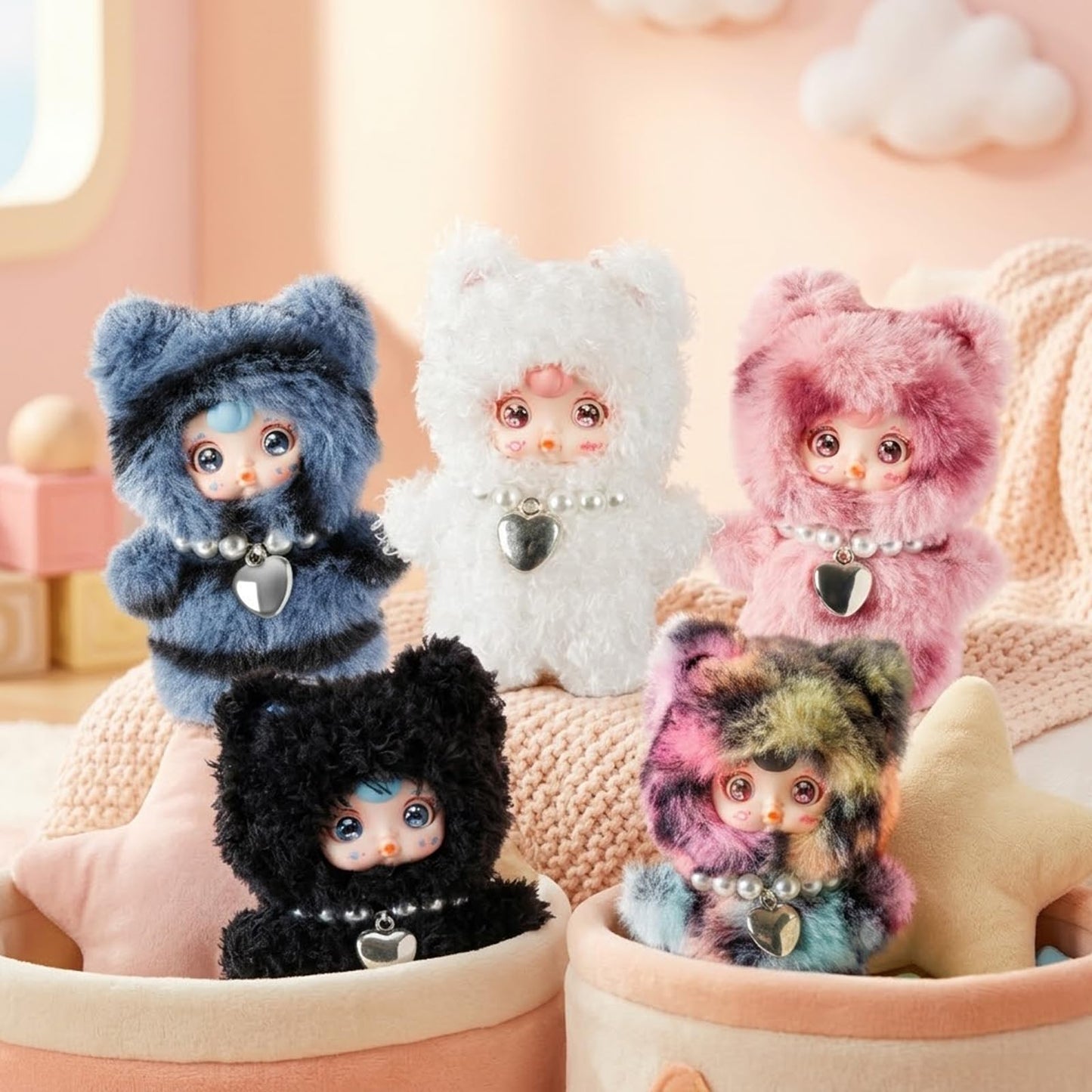 Plush Blind Box, Kawaii Cute Mini Plush Doll Keychain, Random 1 of 7 Styles with Secret Edition, Movable Eyes Design, Collectible Plush Figure Toys, Gift for Kids Girls Teens & Adults (Single Box)