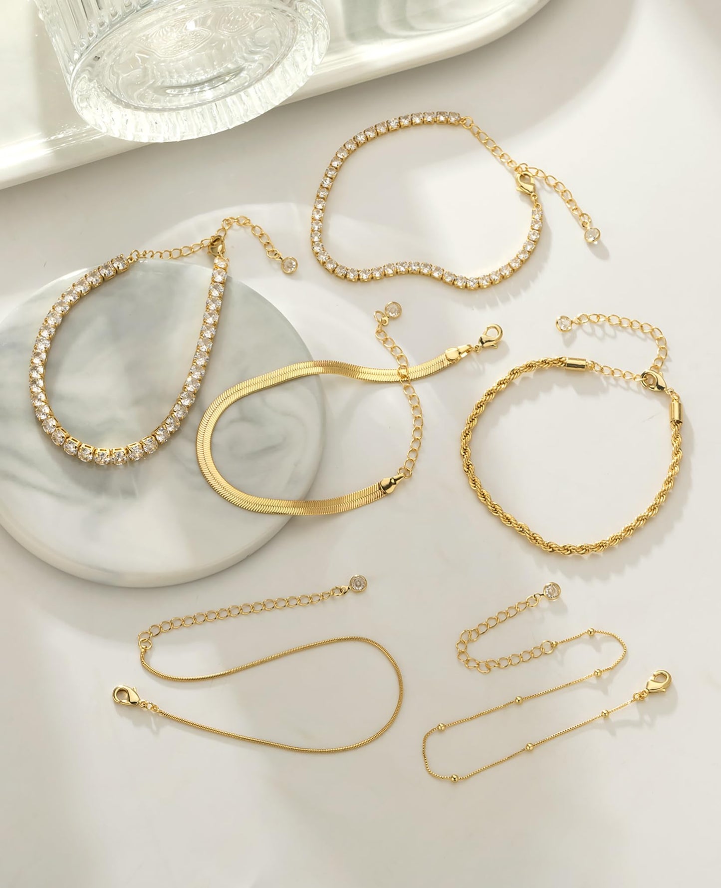 Gold Bracelets for Women 14K Gold Plated Stack Trend Bracelets Charm Paperclip Chain Cuban Link Layered Waterproof Bracelet Dainty Bracelet for Women Jewelry Gifts (6Pcs Gold)