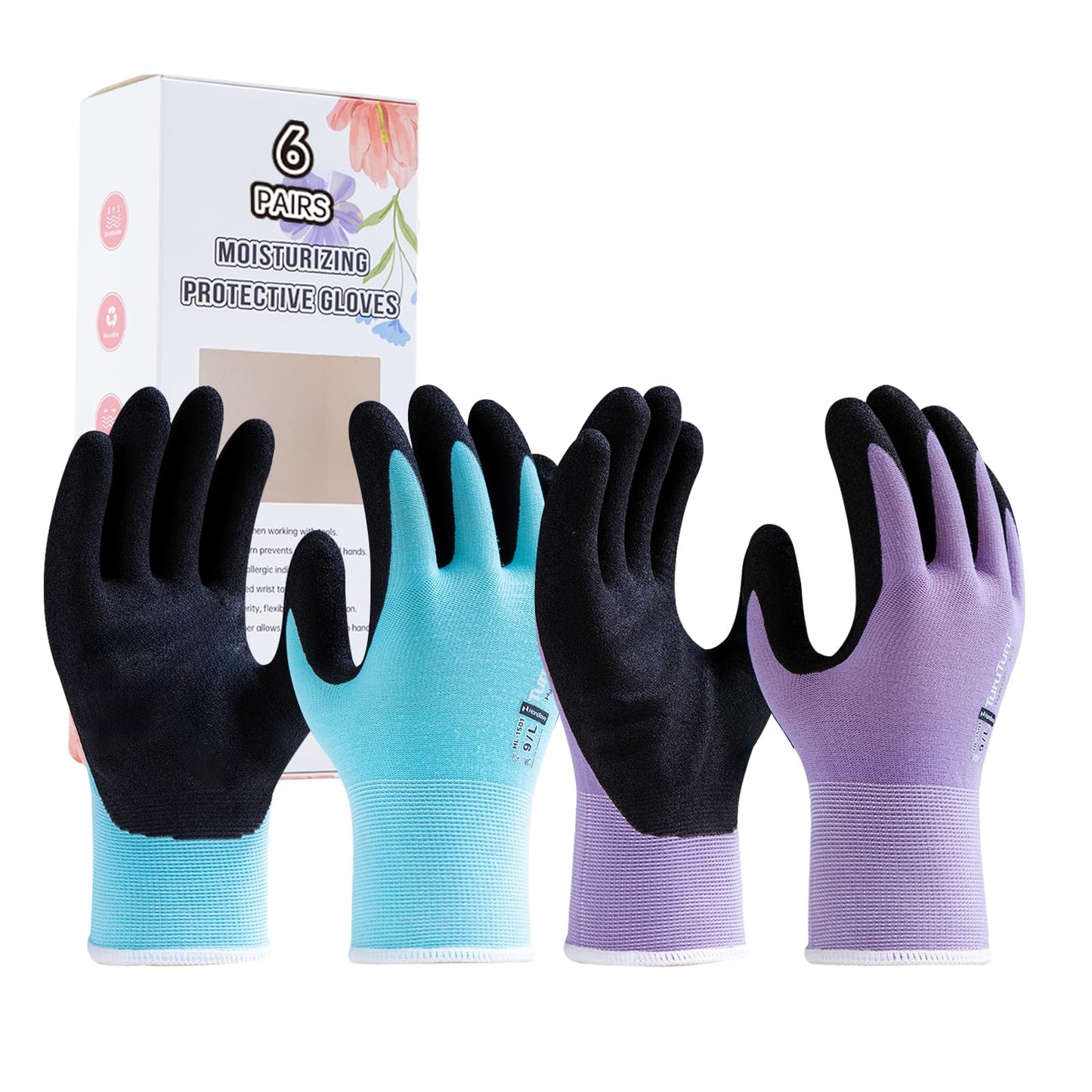 HandLove Gardening Gloves for Women, 6 Pairs, Hyaluronic Acid Moisturizing Gloves, Breathable Nitrile-Coated Grip, Latex-Free Touchscreen, for Weeding, Planting & Yard Work, Medium, Blue&Purple