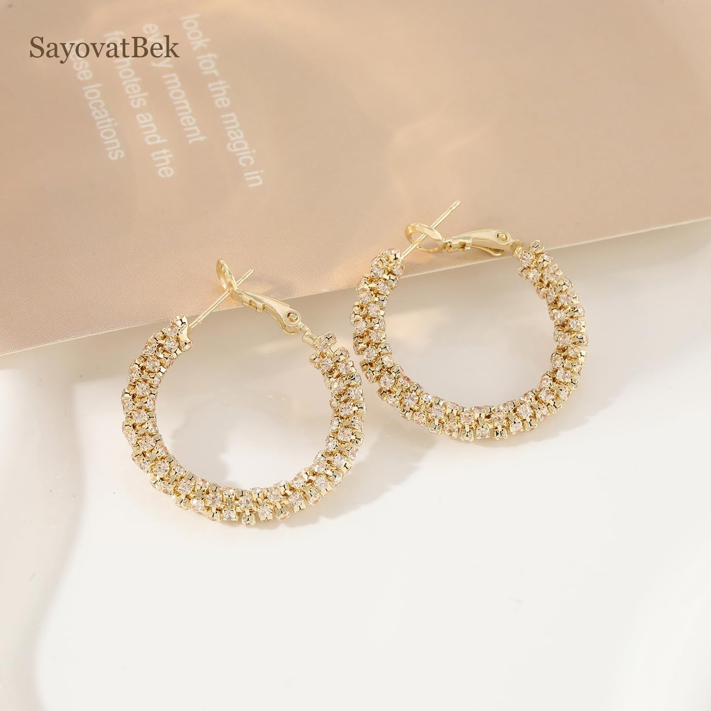 SayovatBek 14K Gold Plated 25–35mm Lightweight Hoop Earrings for Women, Cubic Zirconia, 925 Sterling Silver Post, Hypoallergenic Jewelry