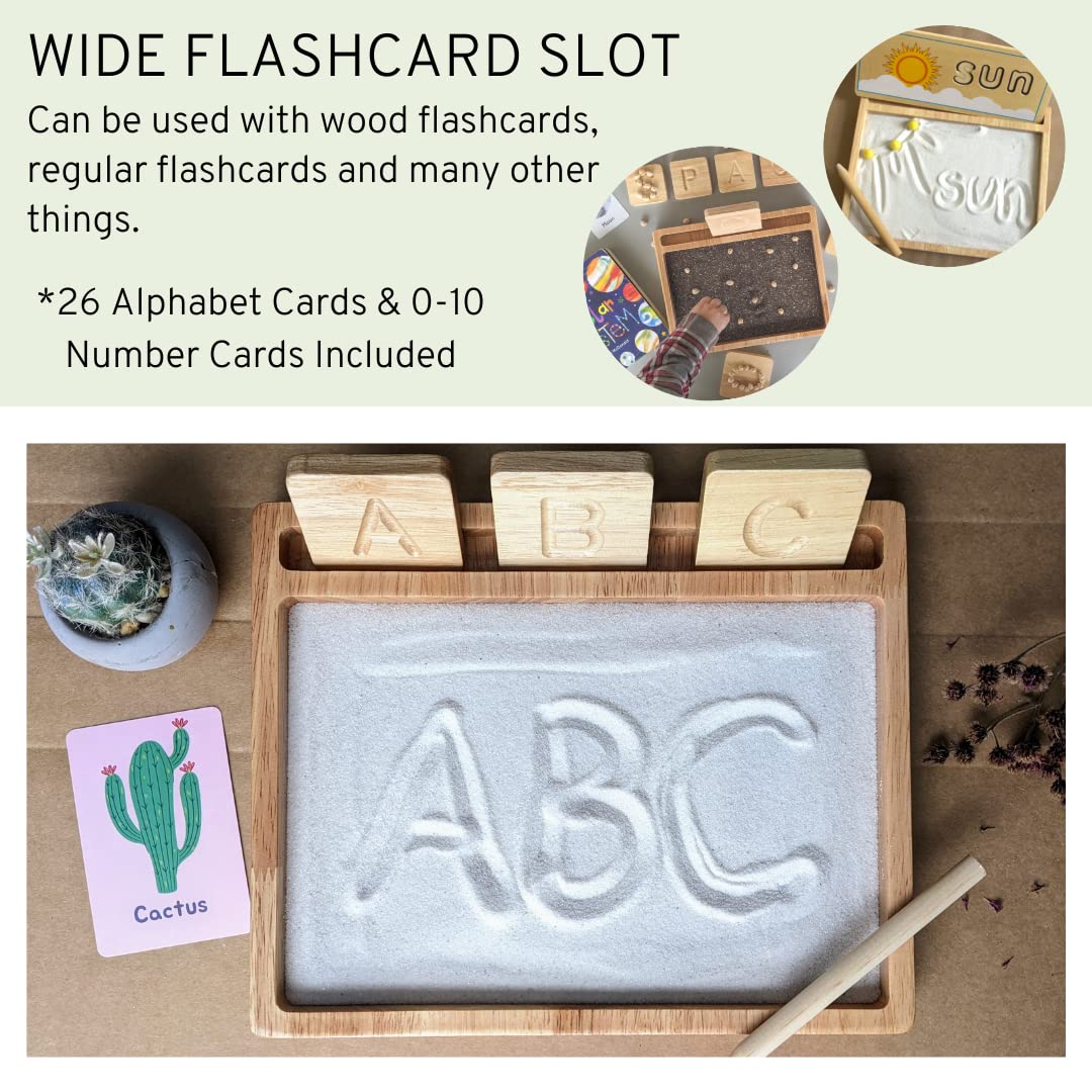 Montessori Sand Tray with Flashcard Holder and Flashcards | Play Sand & Wooden Stylus | Sensory Bin | Tactile & Sensory Toys | Wood Learning and Educational Toys | Montessori Toys | Sensory Tray