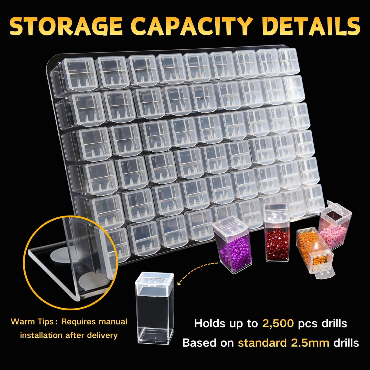 54-Jar Diamond Painting Storage Rack, Diamond Art Storage Containers with 75° Slanted Display, Funnel, Labels, Anti-Slip Pads, for Bead Storage, Jewelry, DIY Crafts, Thick Acrylic Tidy Desk Organizer
