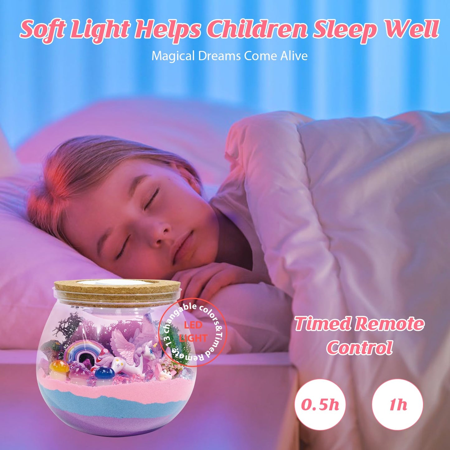 lonfypeng Unicorn Terrarium Crafts Kit for Kids-LED Night Light Up & Remote Unicorn Birthday Gifts Toys for Girls Ages5 6 7 8 9 10 Year Old-Christmas Gifts for Girls
