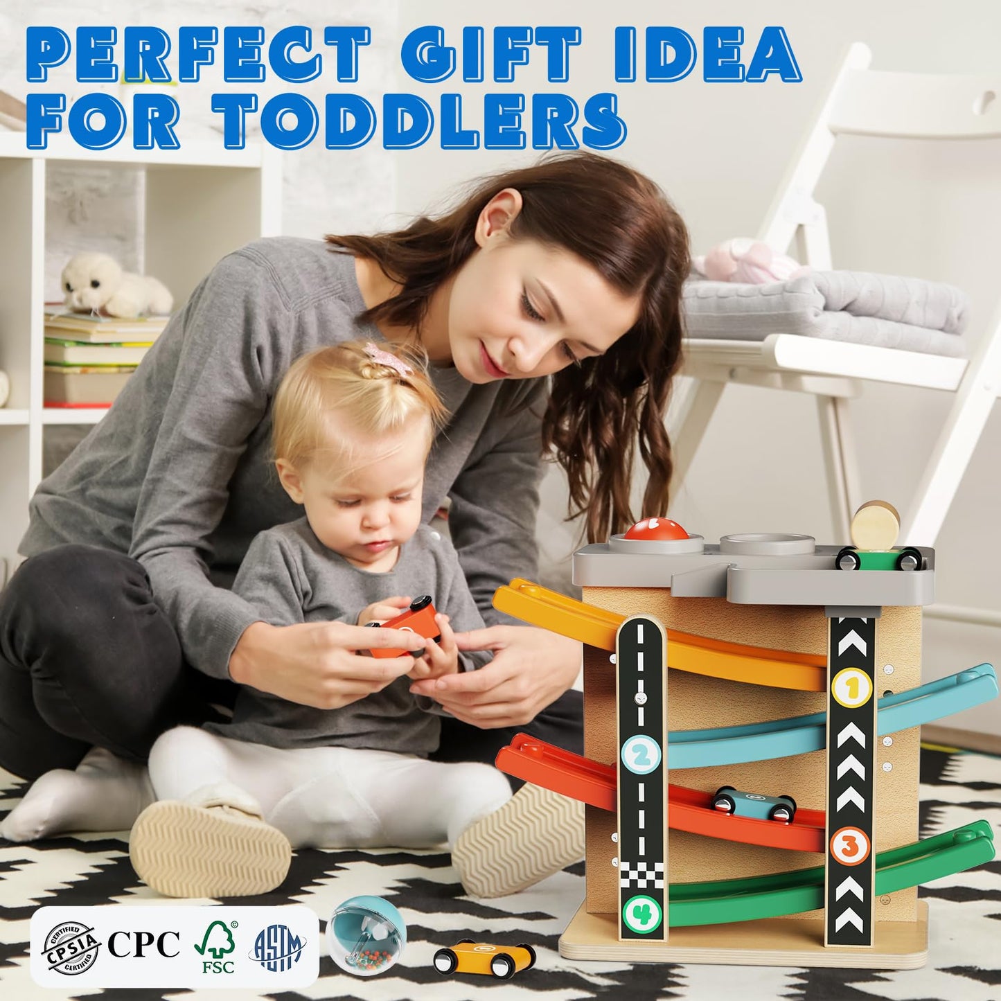 AmazingJoy Wooden Car Ramp Race Track 2-in-1 Pound Ball Toddler Toy Ball Drop Baby Toy Set Gift for 1 2 3 Year Old Boys Girls Montessori Developmental Learning Activity Interactive Birthday Present