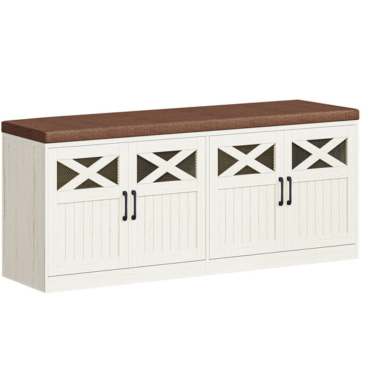 Hzuaneri 2 Tier Shoe Storage Bench with Doors, 47.2" Farmhouse Shoe Bench with Padded Cushion, 12 Pairs of Bed End Bench, Entryway Bench with Storage for Bedroom, Living Room, Rustic White SB61214KA