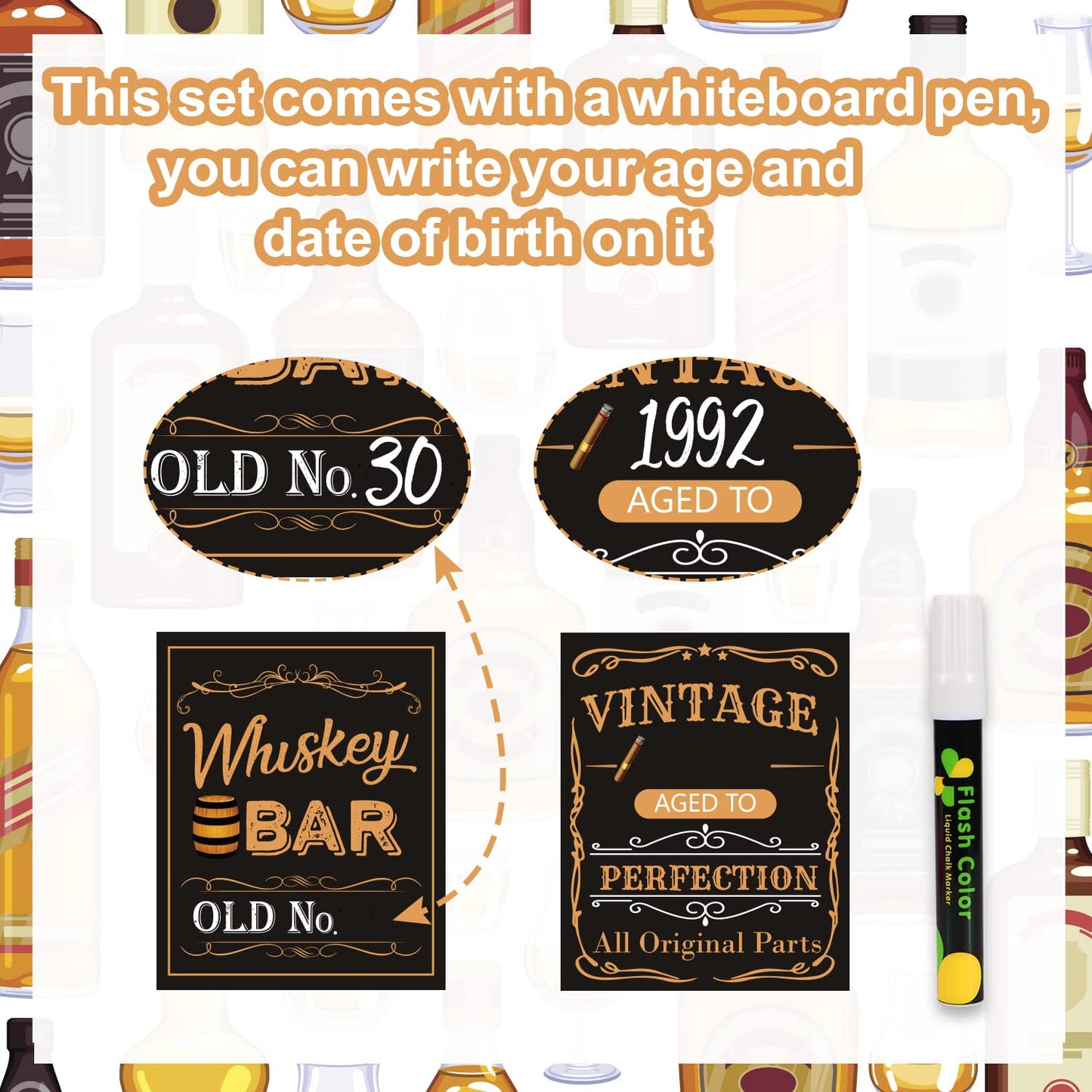 Whiskey Bar Decoration Kit, DIY Whiskey Bar Sign Aged to Perfection Party Sign Cake Toppers for Men 30th 40th 50th Birthday Decorations Aged to Perfection Party Supplies