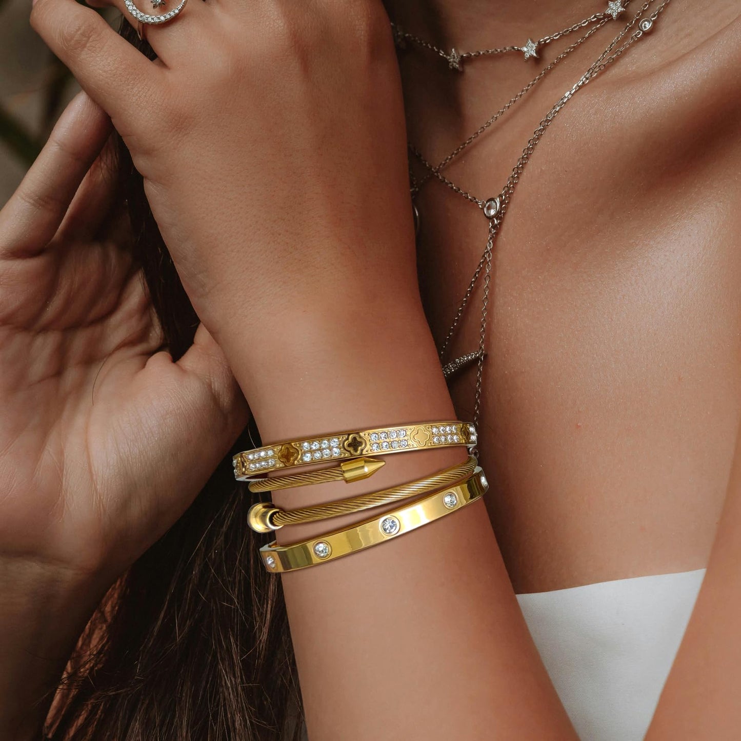 18K Gold Plated Nail Bracelets Set for Women Clovers Bangle Love Bangle Cubic Zirconia Bracelet 3Pcs Stackable Bracelet Set Trendy Gifts for Women