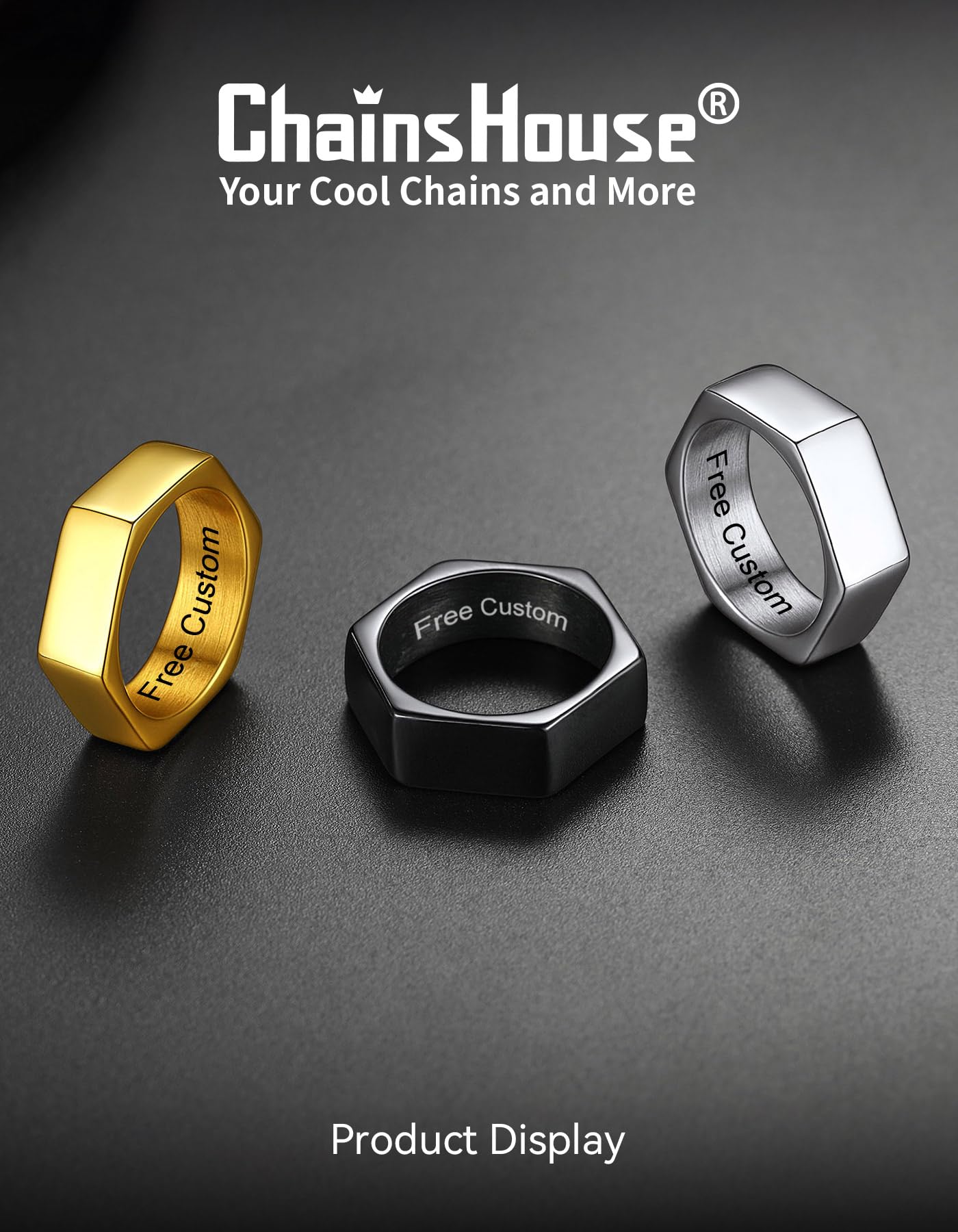 ChainsHouse Hexagon Ring Stainless Steel Geometric Biker Bands Custom Engraved Punk Jewelry for Men Women, Size 7
