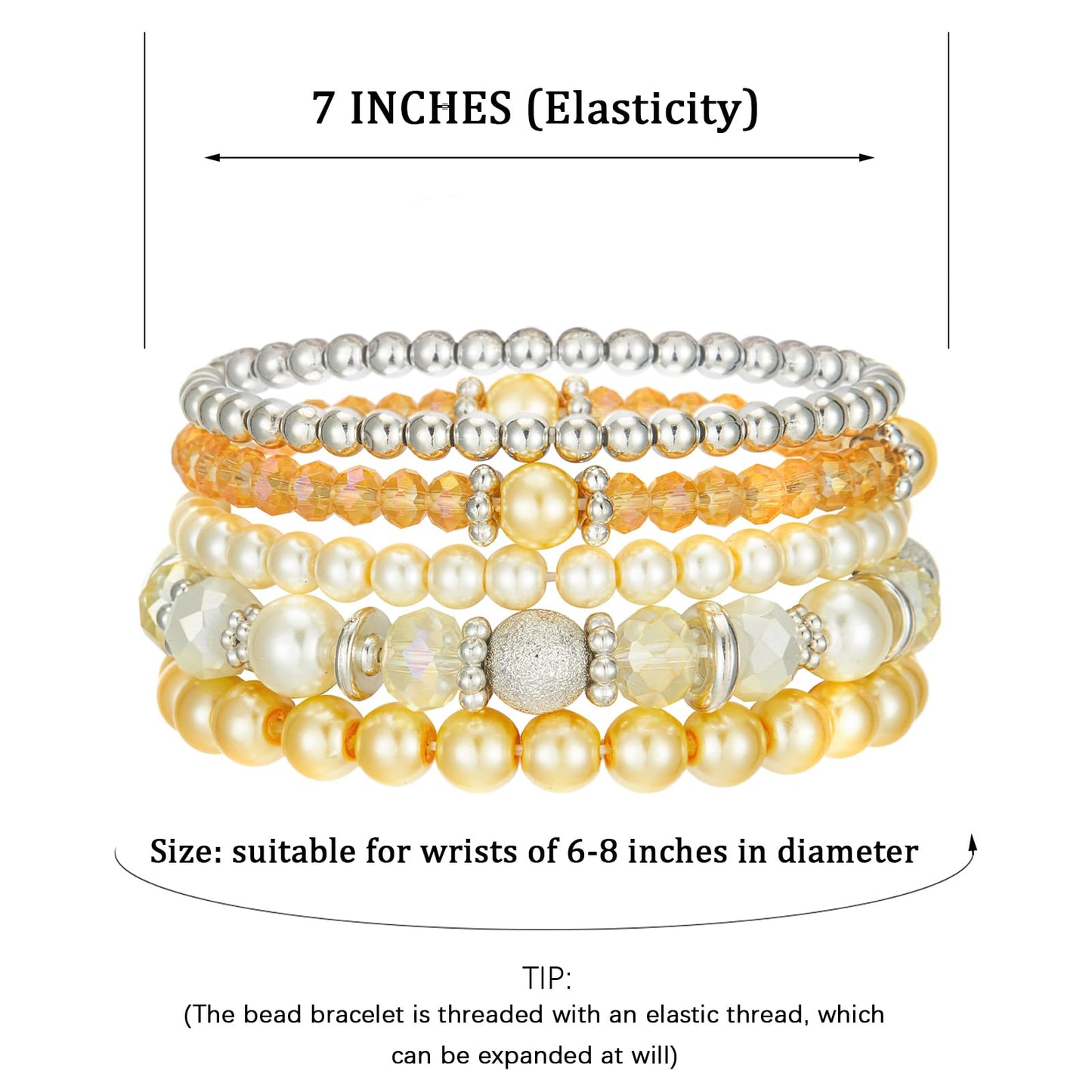 Noessla Beaded Pearl Stretch Bracelet Silver Stackable Crystal Beads Bracelets Trendy Costume Jewelry Mothers Day Gifts for Women(Yellow)