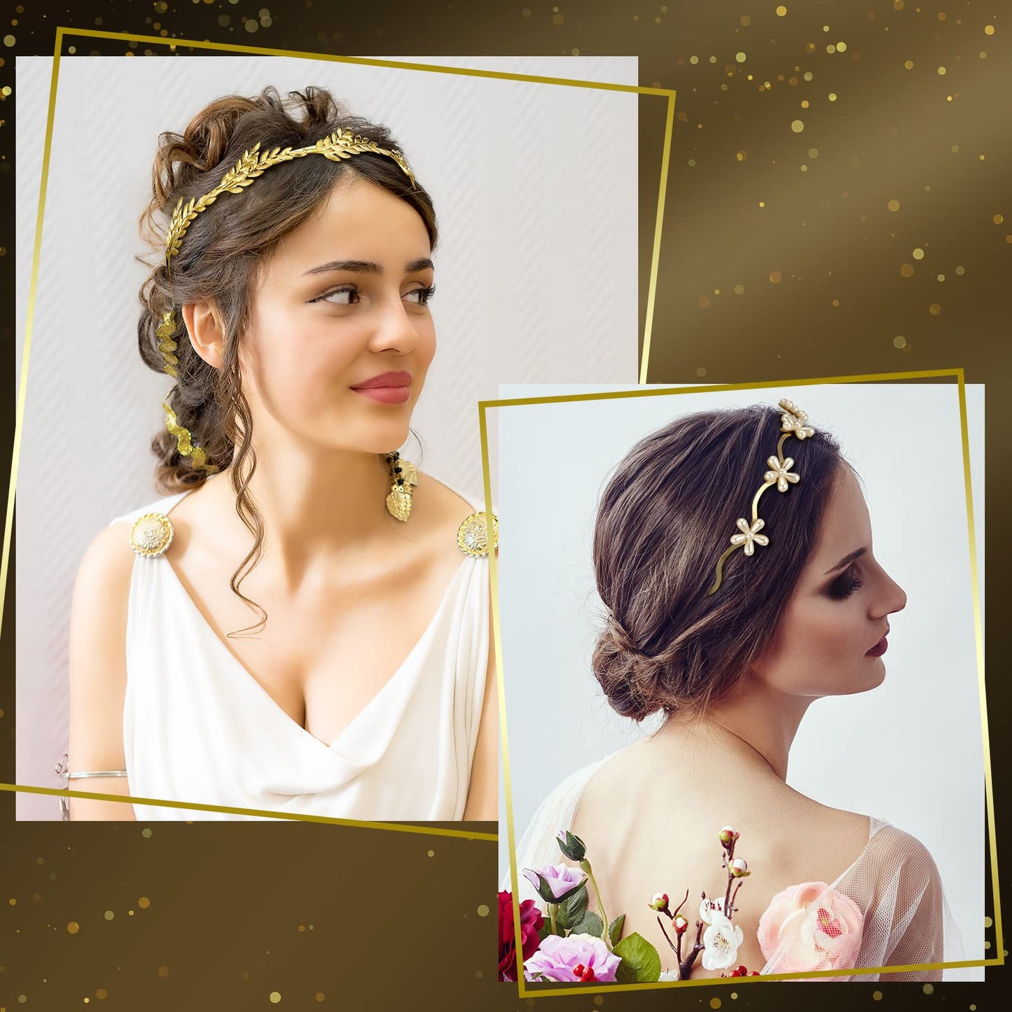 XunYee 6 Pcs Gold Leaf Headbands Set Pearl Headbands for Women Greek Goddess Accessories Flower Faux Pearls Hairband Gold Metal Prom Headpiece Crown Bridal Hairband for Women Girl (Stylish Pattern)