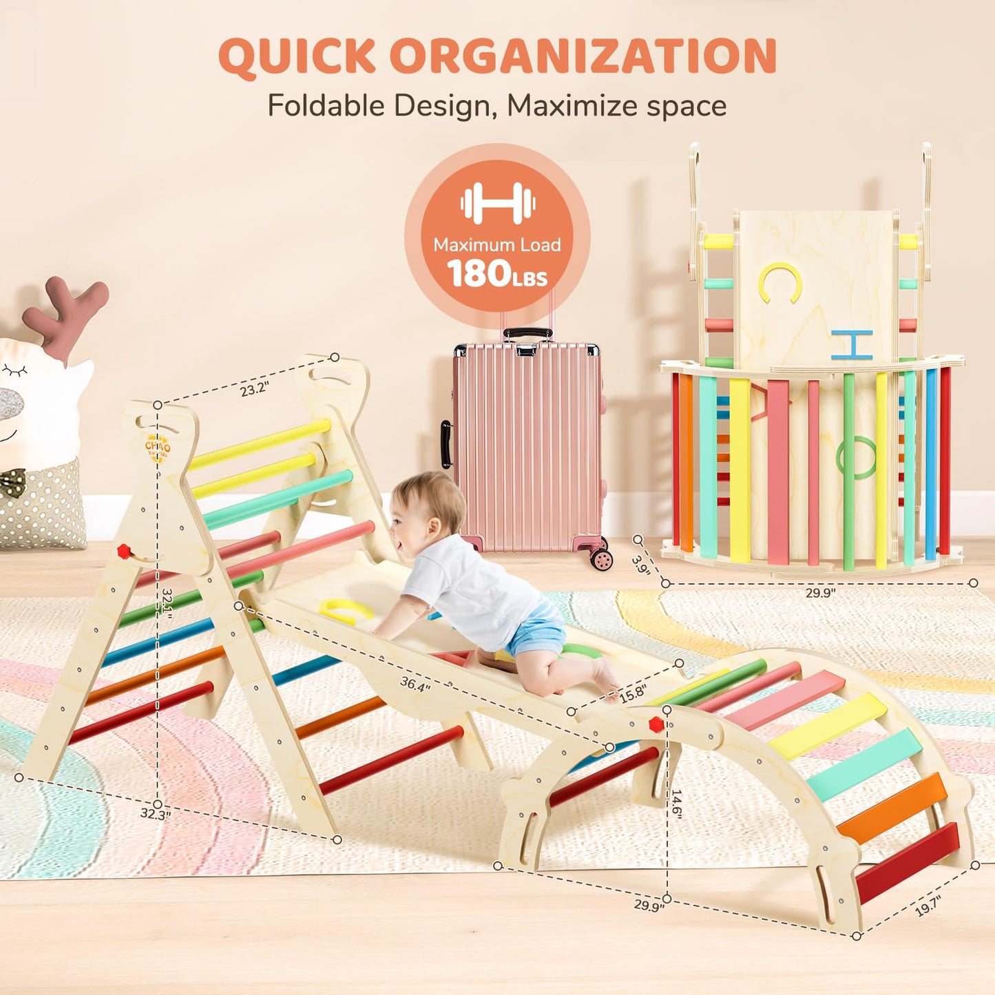 CHAO KWORLDS Pikler Triangle Set Foldable, Montessori Climbing Toys for Toddlers 1-3, Wooden Indoor Jungle Gym, 8-in-1 Toddler Climber with Slide & Arch, Space Saving Indoor Playground