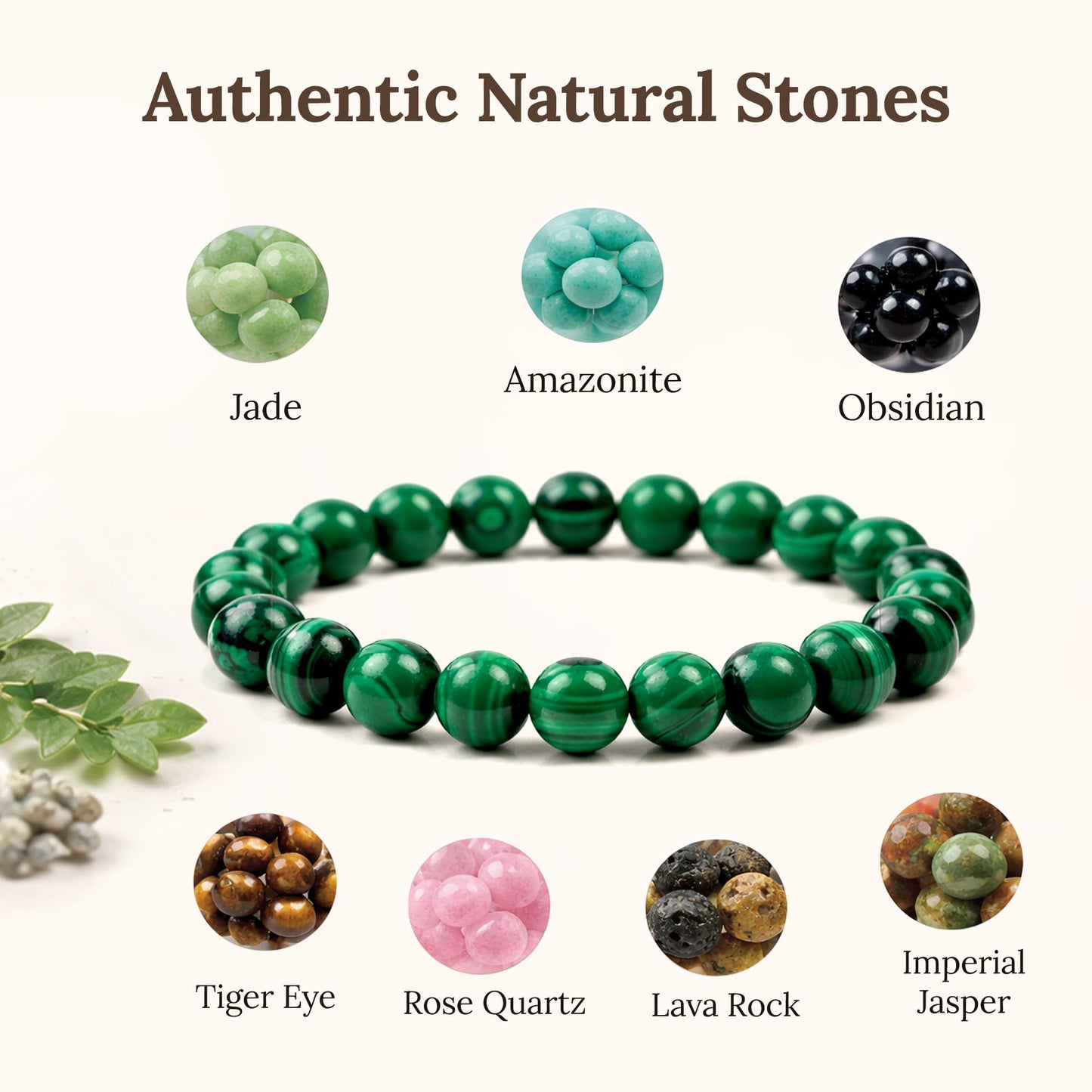 Elm City Direct 8mm Natural Stone Beaded Bracelet – Unisex Crystal Stretch Bracelets for Men & Women, Chakra & Healing Jewelry, Gift-Ready Beaded Bracelets (Malachite, 8mm)