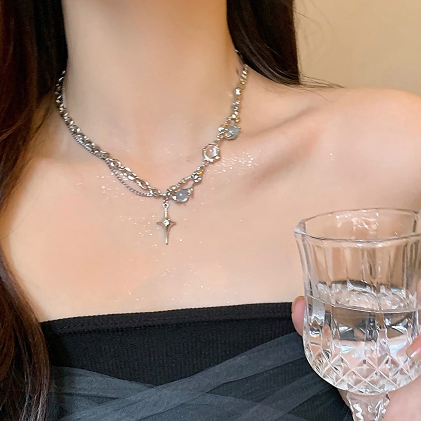 Buyongwant Y2k Irregular Necklace Star Pendant Moonlight Stone Fashion Collar Chain Design Spicy Silver Jewelry Women