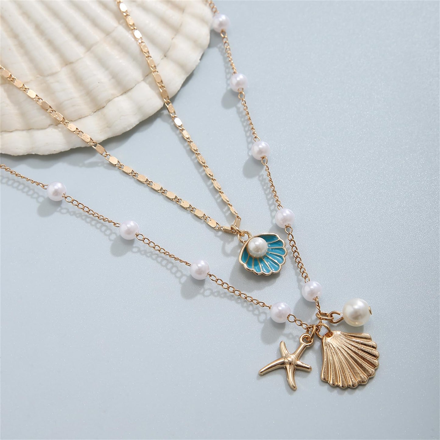 Boho Starfish Seashell Layered Necklace Gold Silver Plated Dainty Charm Double Layer Sea Shell Lucky Stars Ocean Animal Chain Necklace for Women Hawaiian Summer Beach Vacation Jewelry Gifts (Blue)
