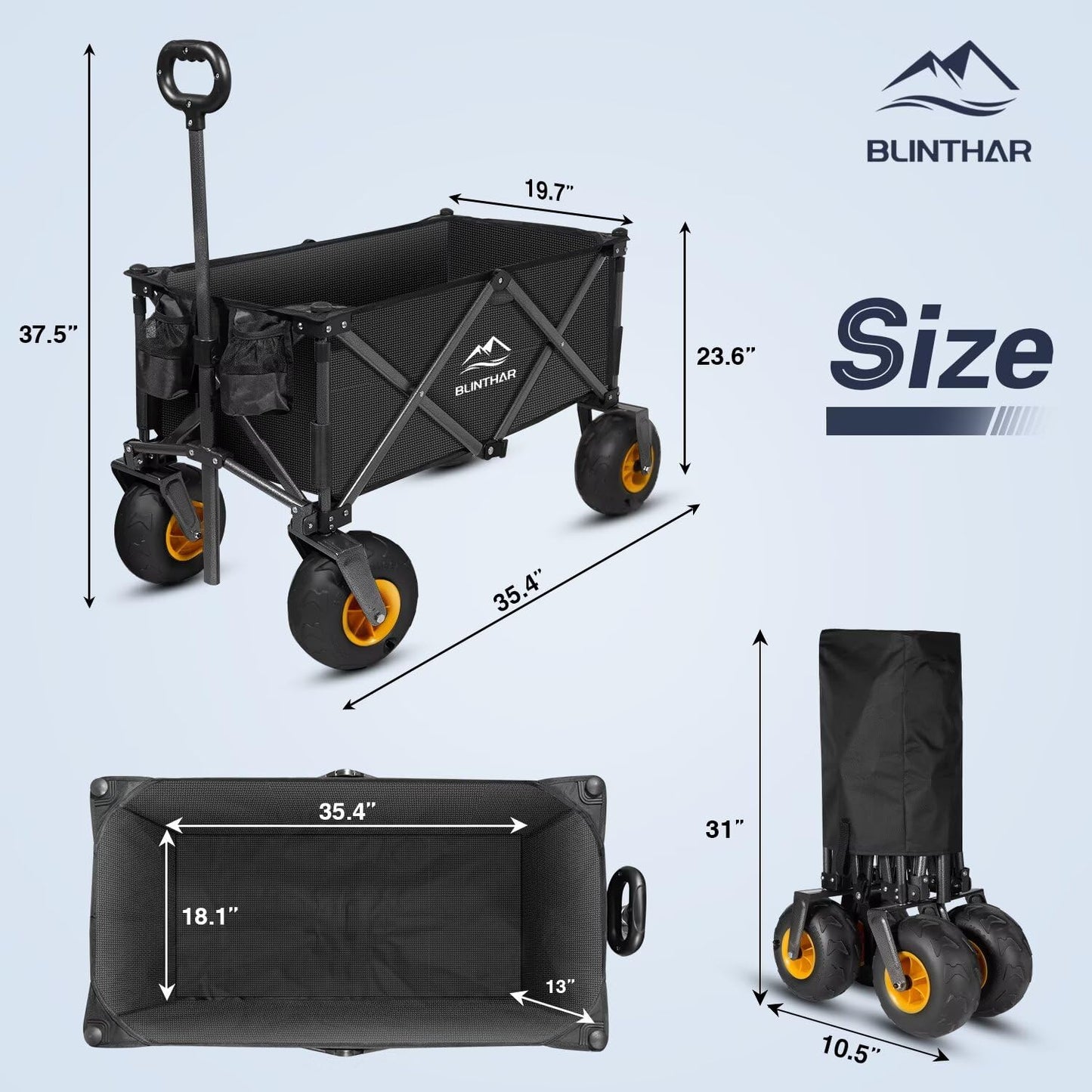 BLINTHAR Beach Wagon with Big Wheels for Sand, Heavy Duty Harder Sand Collapsible Folding Wagon with All-Terrain 9" Pneumatic Ballon Tires, Utility Wagon for Garden Sports Camping Outdoor Activities