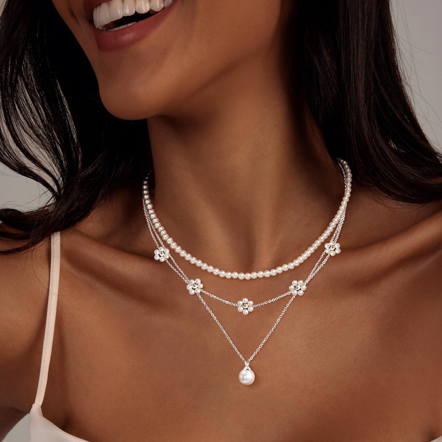 Zeffy Silver Daisy Pearl Necklaces for Women Silver Dainty Layered Pearl Choker Trendy Cute Silver Necklace Stack Wedding Jewelry Sets for Women Bridesmaid Gifts