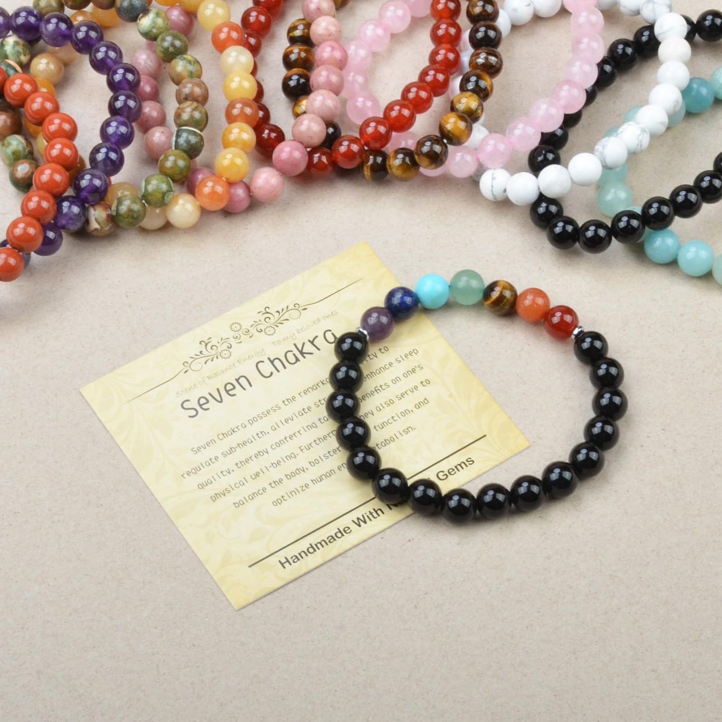 CHCCOYE 8mm Natural Healing Gemstone Bracelet Handmade Yoga Stretch Elastic Bracelet Stress Relief Crystal Jewelry for Men and Women (8mm, Seven Chakra Stones)