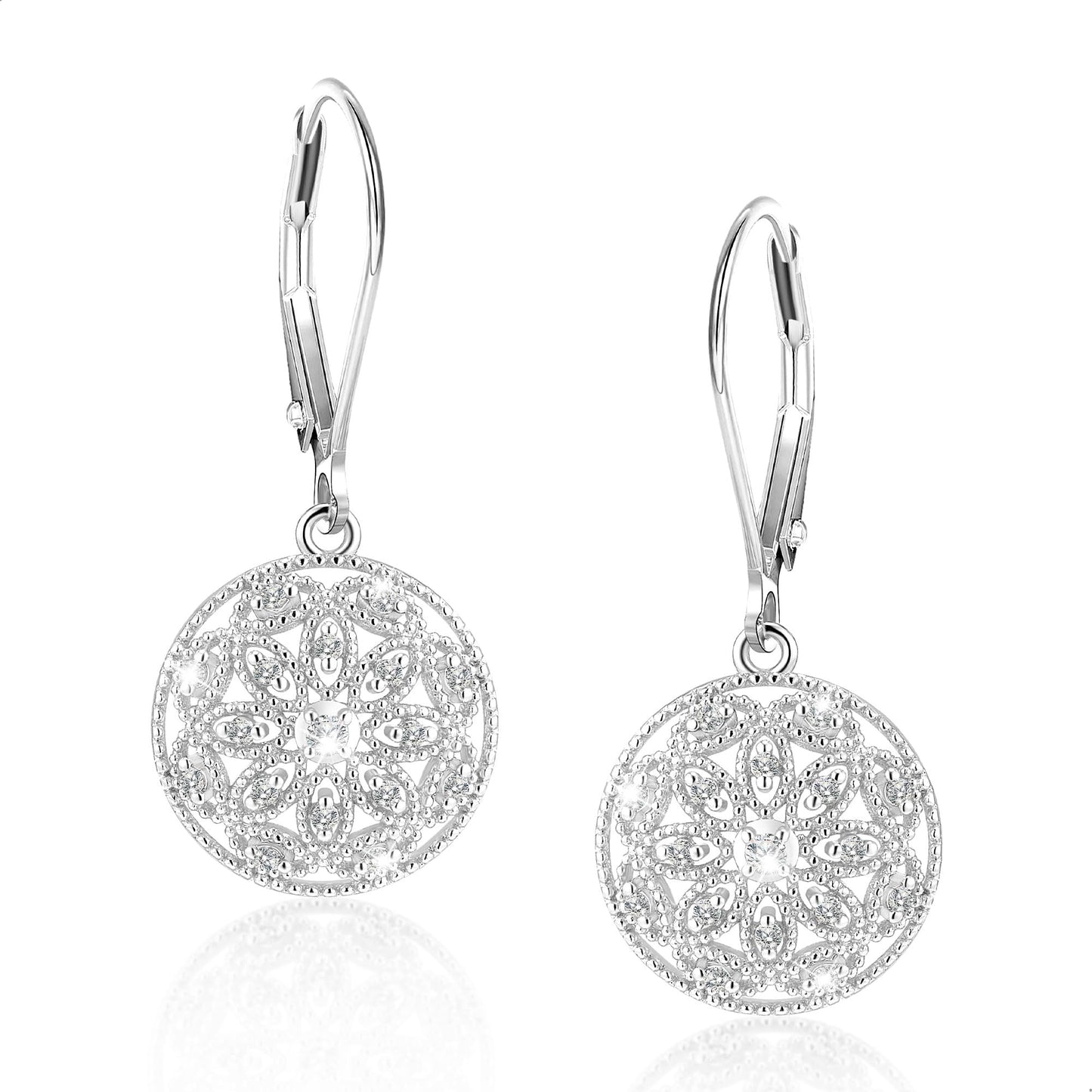LANCHARMED Sterling Silver Earrings - Circle Drop Dangle Earrings for Women Cubic Zirconia Diamond Drop Earring Hypoallergenic Leverback Circle Filigree Diamond Earings Silver Jewelry for Women Gifts