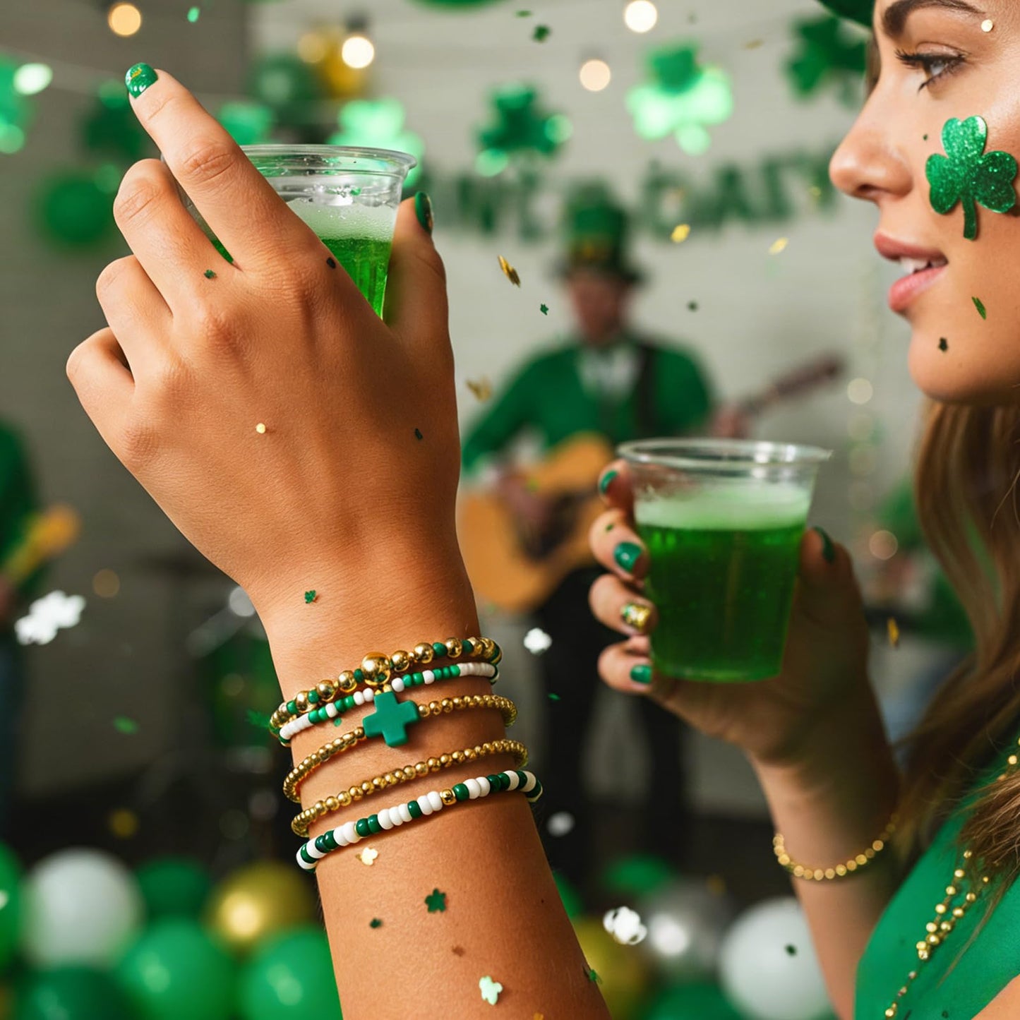 Bohxantium St. Patrick's Day Green Beaded Cross Bracelet for Women Stackable Lucky Stretch Gold Beads Ball Jewelry Cross Charm Holiday Bracelet Party Festive Friendship St. Patrick's Gifts for Women