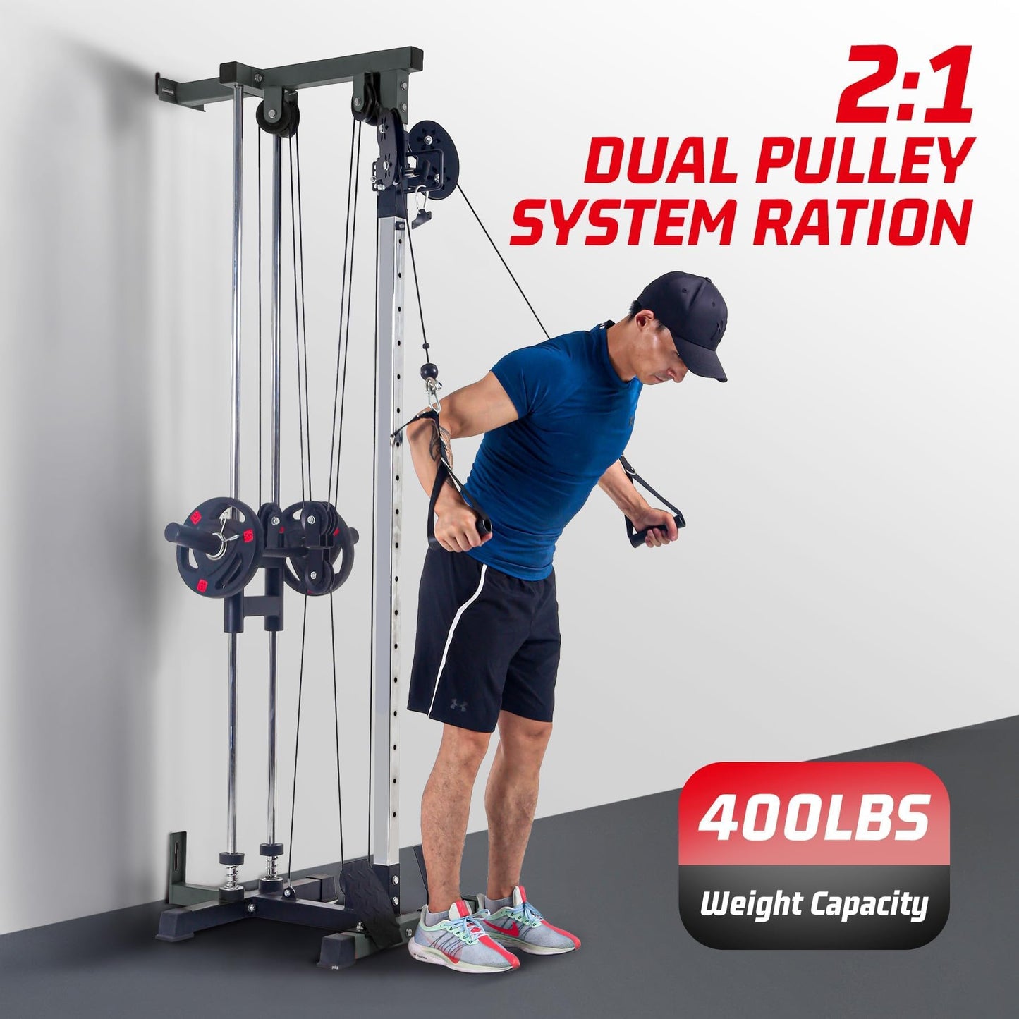 Wall Mount Cable Machine - Dual Pulley Cable Crossover System with 20 Adjustable Positions for LAT Pulldown, Row & Total Body Training | Includes LAT Bar, Tricep Rope, t-Bar & Foot Board for Home Gym