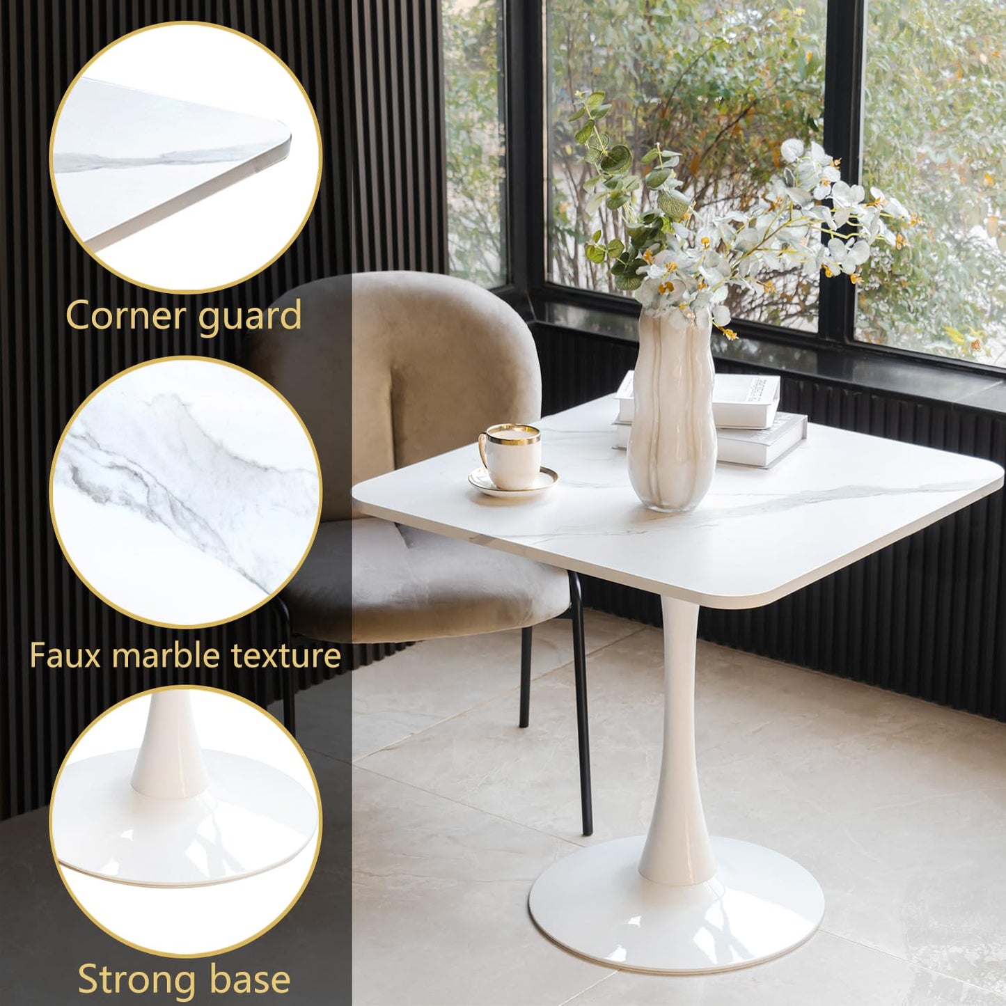 Square Modern Dinning Table 30 inches for 2-4 Bistro Tulip Table with Faux Marble top,Easy Install Construct,no Wobble,Stable Sturdy Metal Frame Diameter 30in*H28.74in(White, 30in)
