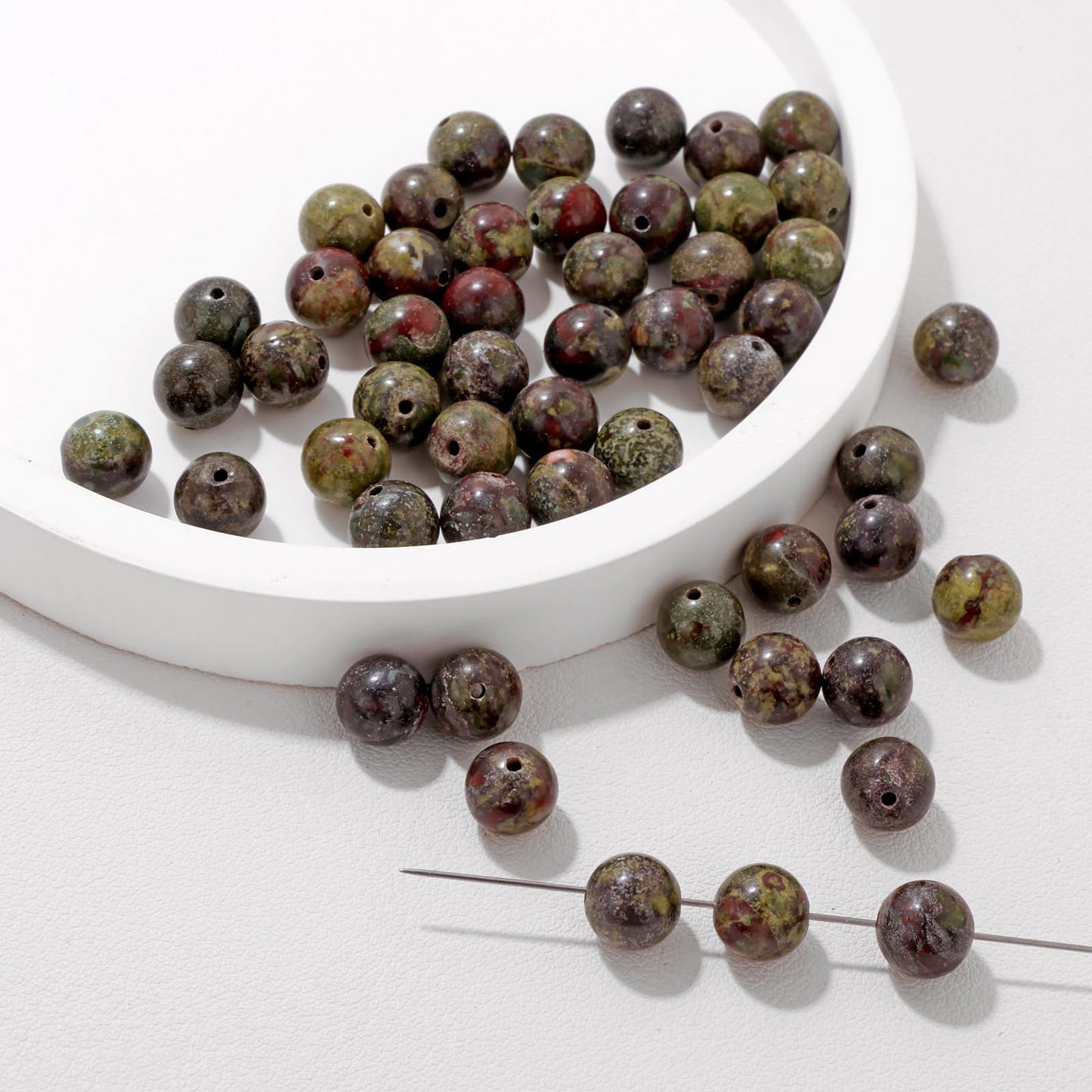 Risyfjew 100PCS 8mm Natural Dragon Bloodstone Beads Gemstone Round Loose Beads for Jewelry Making Chakra Crystal Stone Beads for Bracelets Necklace Earrings Making Supplies (100pcs/Strand)