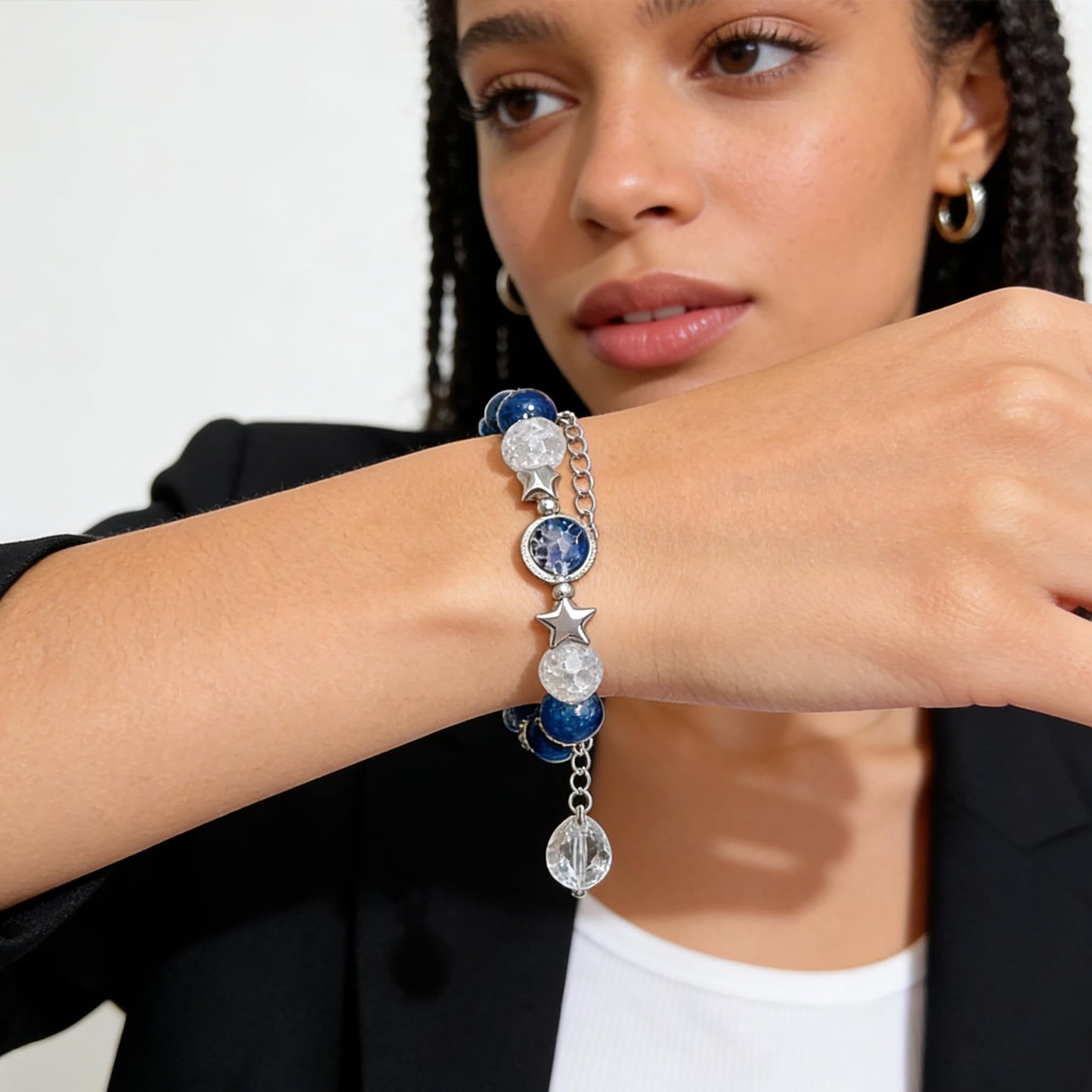 VIEKYBUTTY Blue Moon Starry Sky Beaded Bracelet - Silver Space Crystal Whimsical Gemstone Bracelet for Women