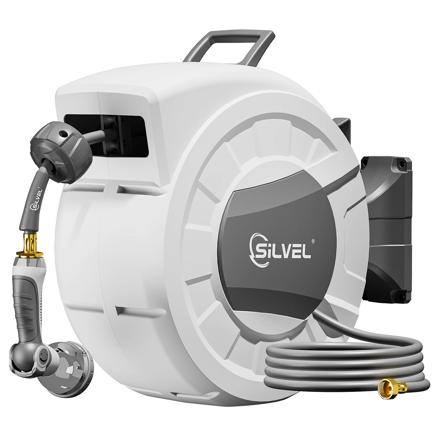 Retractable Garden Hose Reel, 1/2" x 100ft Wall Mount Heavy Duty Automatic Hose Reel with 10 Pattern Nozzle, Any Length Lock & Slow Return System, 180°Swivel Bracket Upgraded UV Resistant,Light Grey