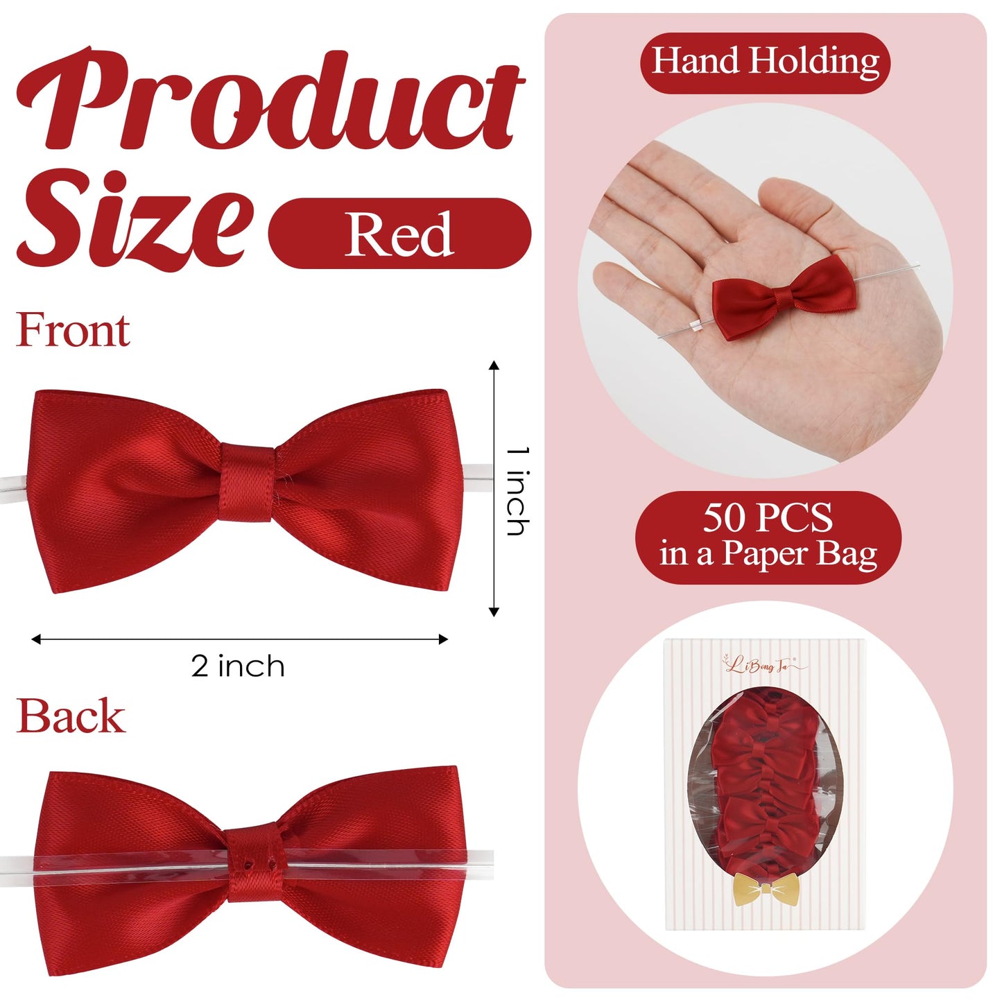 LiBongTa Red Bows 2" Premade Twist Tie Bows 50 PCS Small Red Satin Ribbon Bow for Gift Wrapping Cake Candy Treat Bags Party Favors Crafts Birthday Wedding Decorations