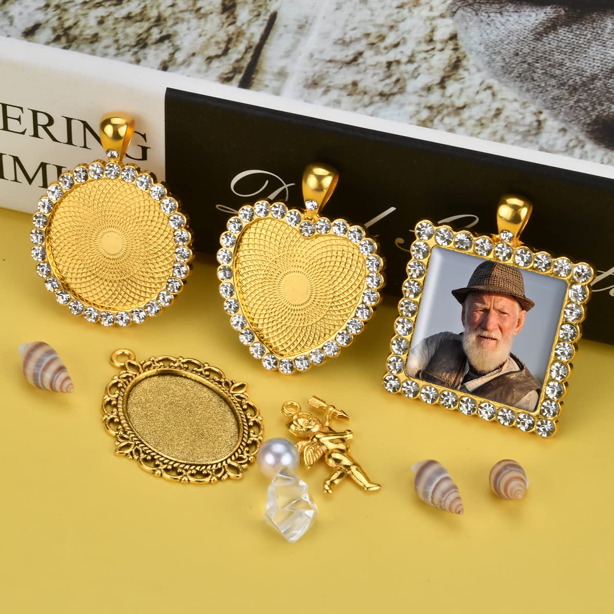 50PCS Wedding Bouquet DIY Photo Charm Rhinestone Pin Brooch Making Kit Memorial Picture Charm with Clear Glass Cabochons Cupid Pendant Jump Rings for Craft Jewelry Making