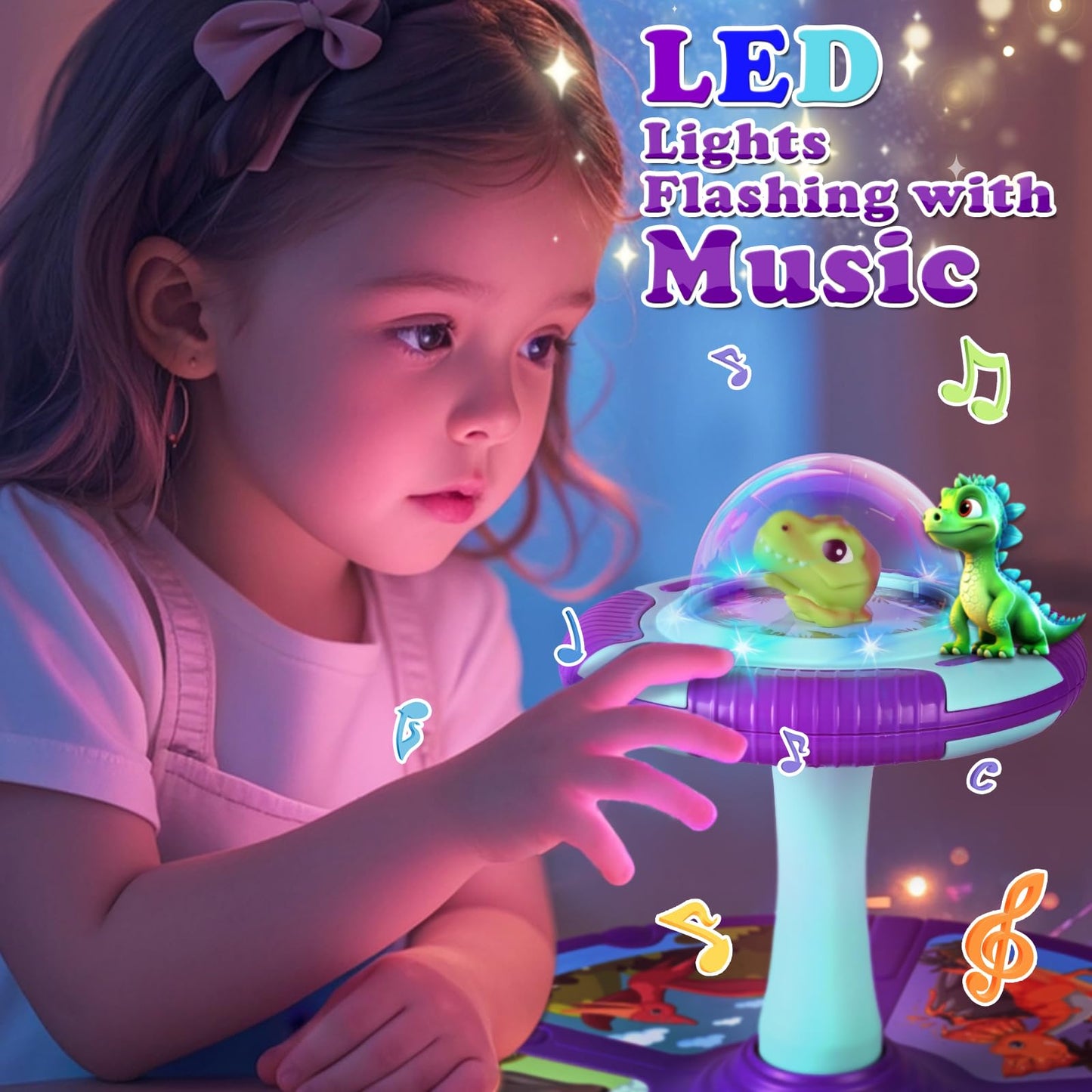 Dinosaur Sit and Spin Toy for Toddlers 1-3 3-5 360°Spinning Toys Birthday Gift for Girls Boys, Stress Relief Exercise Toys Sit n Spin Toys for 2-4 Toddlers with LED & Music Early Development Toy