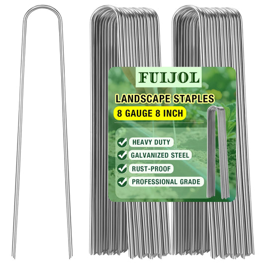 8 Gauge Landscape Staples, FUIJOL 8 Inch 15 25 50 100 Pack Heavy Duty U-Shaped Landscape Stakes, Galvanized Garden Staples for Weed Barrier Stakes, Ground Cover, Irrigation Tubing, Fence (25, 8 Inch)