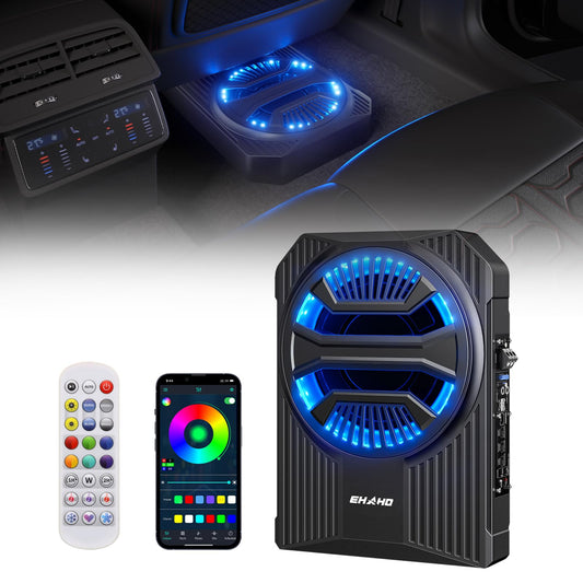 Ehaho 10" 1600W Slim Under Seat Car Subwoofer with Amp, Class D MOSFET Amp & RGB Light, APP/Remote Control, Music Sync Bass & Rainbow Chasing Effects, Independent Low-Pass Filter/Gain/Bass Boost