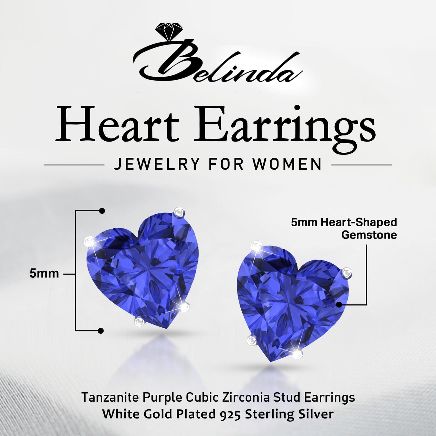 Belinda Jewelz - Heart Stud Earrings, 5mm Cubic Zirconia Heart Earrings with Prong Setting, 925 Sterling Silver Earrings Studs, Tanzanite Purple Stud Earrings for Women