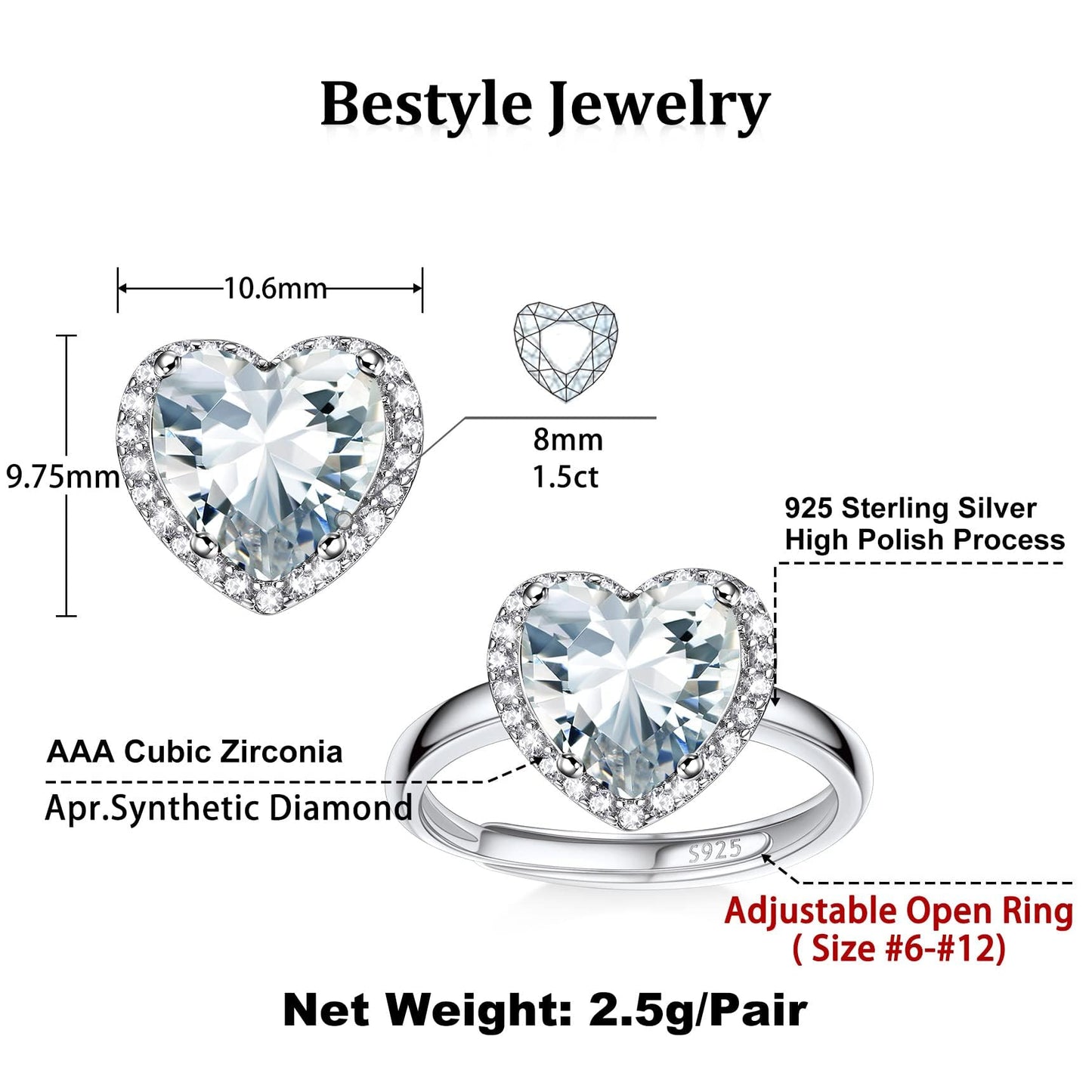Bestyle 925 Sterling Silver Heart Cut Gemstone Cubic Zirconia Rings for Women April White Diamond Rings, Statement and Promise Ring for Engagement/Wedding/Anniversary/Valentines Day