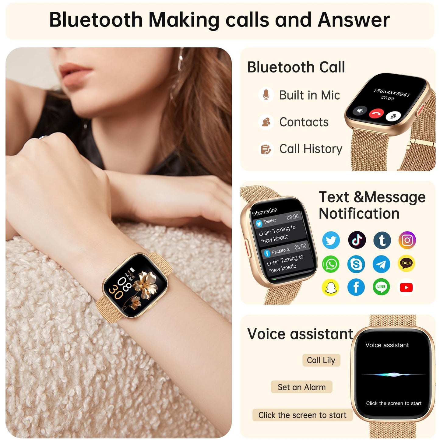 taopodo Smart Watches for Women, 1.91" HD Fitness Tracker (Answer/Make Calls), IP68 Waterproof, 120+ Sport Modes with Heart Rate and Sleep Monitor, Fitness Watch for iPhone/Android